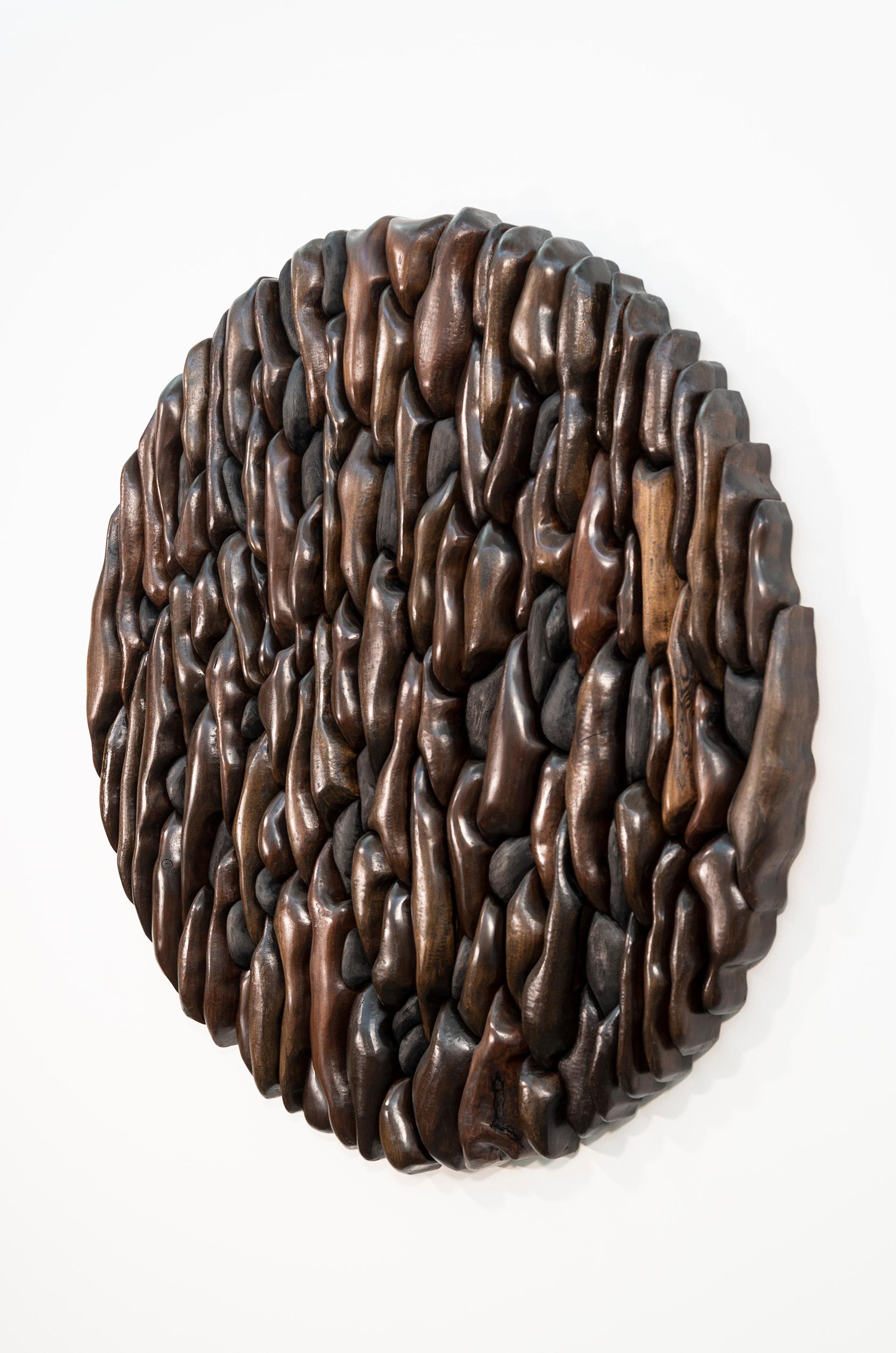 This stunning contemporary wall sculpture is by Rod Mireau. Using both traditional and modern woodworking techniques the Peterborough based artist has created a tondo of stained ash and walnut that resembles a tableau of highly polished roots.