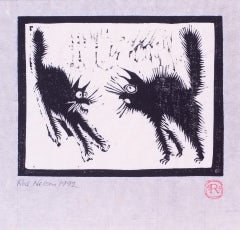 20th Century British cartoon woodblock print of angry cats by Rod Nelson