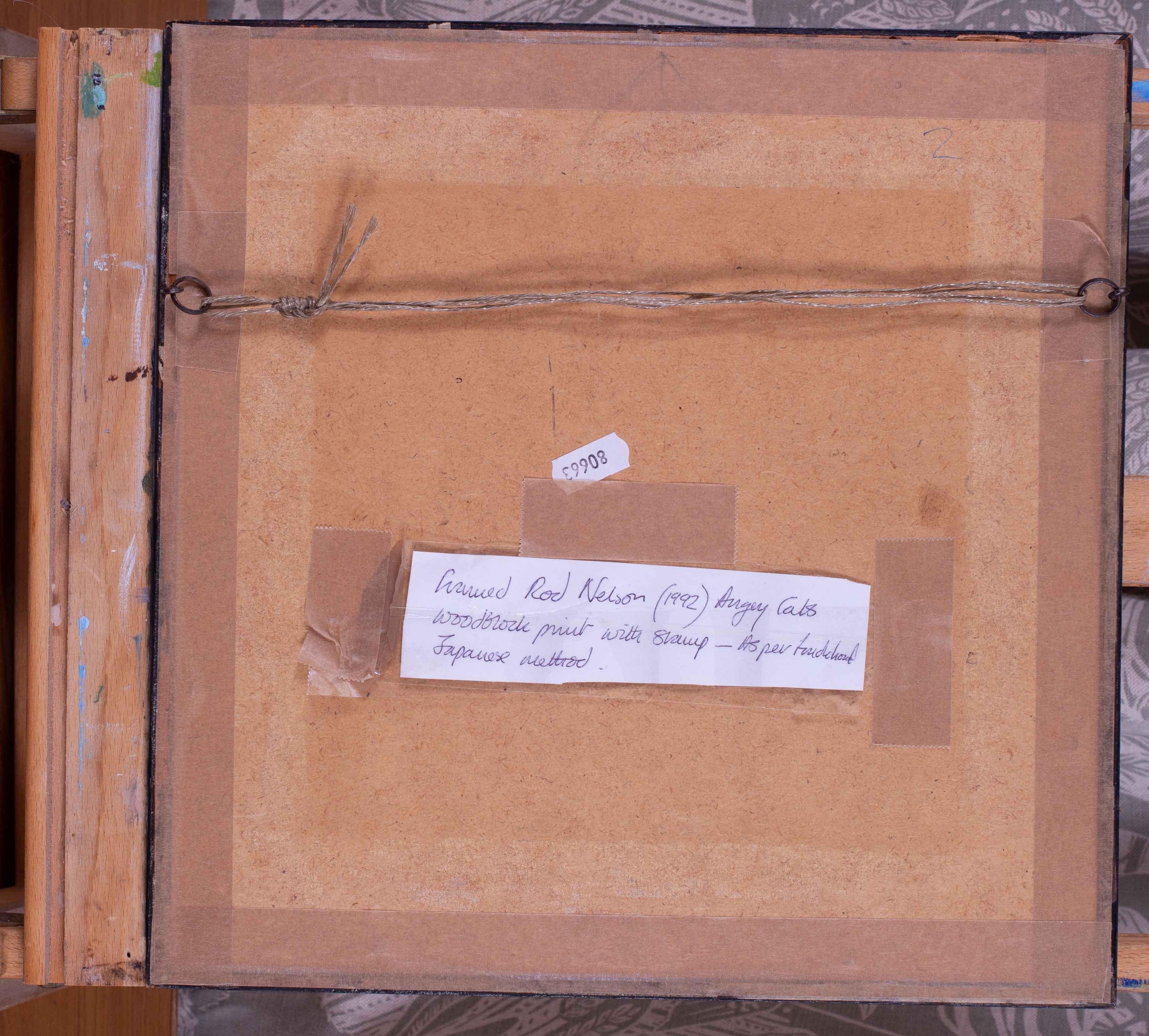 Impression sur bois d'un carton britannique du 20e siècle représentant des chats en colère par Rod Nelson en vente 3