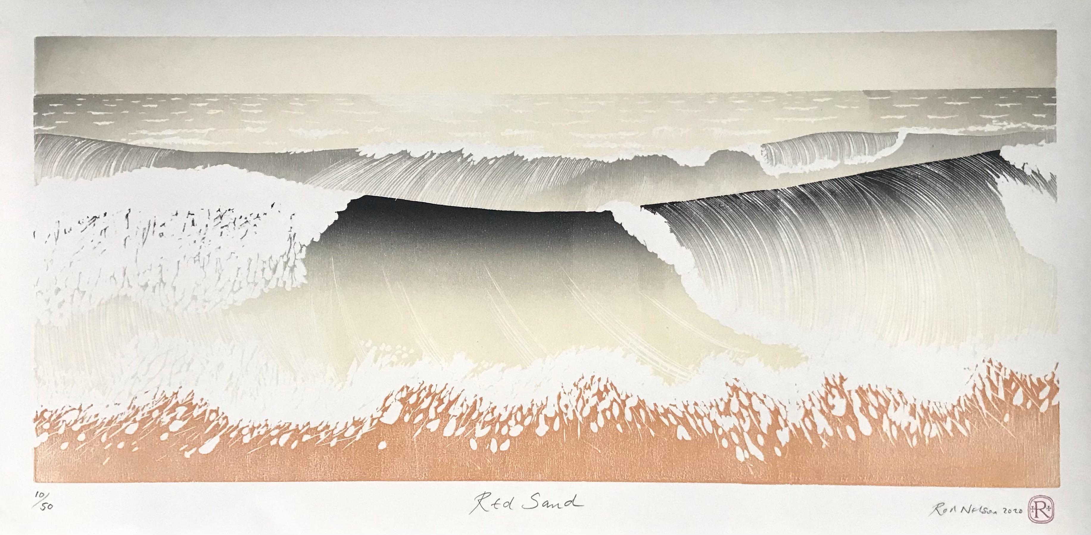 Rod Nelson  Figurative Print – Roter Sand, Rod Nelson, Holzschnitt, traditioneller handgefertigter Druck, zeitgenössischer Druck