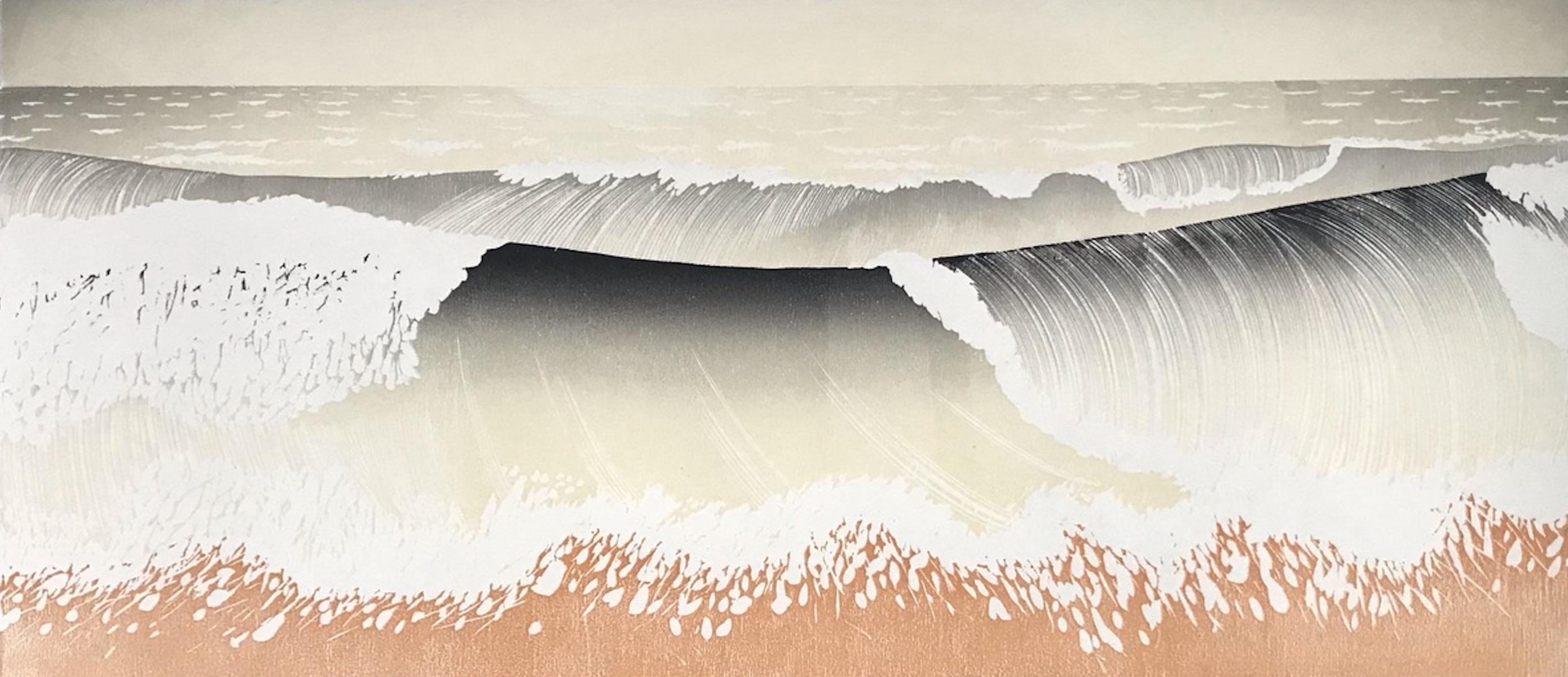 Rod Nelson  Figurative Print - Red Sand, Woodcut print, Traditional Japanese style print, Beach House Art