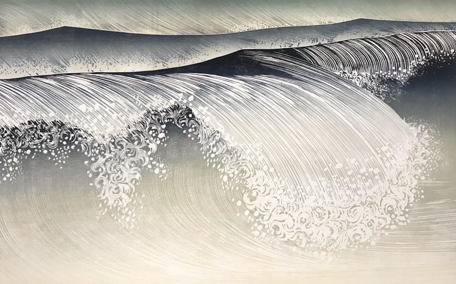 Rod Nelson  Landscape Print - Shorebreak, Japanese style woodcut print, contemporary handmade seascape print,