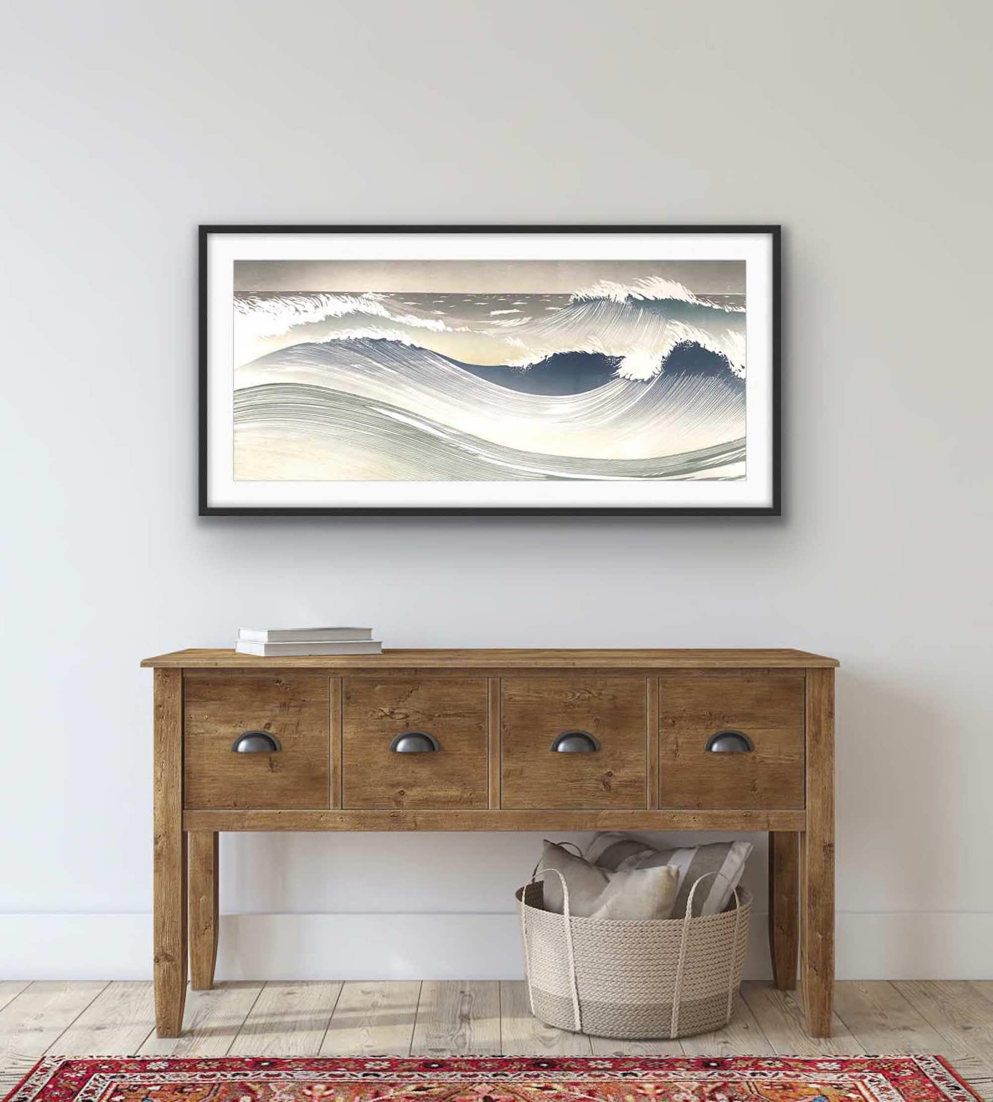 Tide Race, japanische Holzschnittkunst, Meereskunst, Kunst für Ihr Strandhaus, Küstenkunst – Print von Rod Nelson 