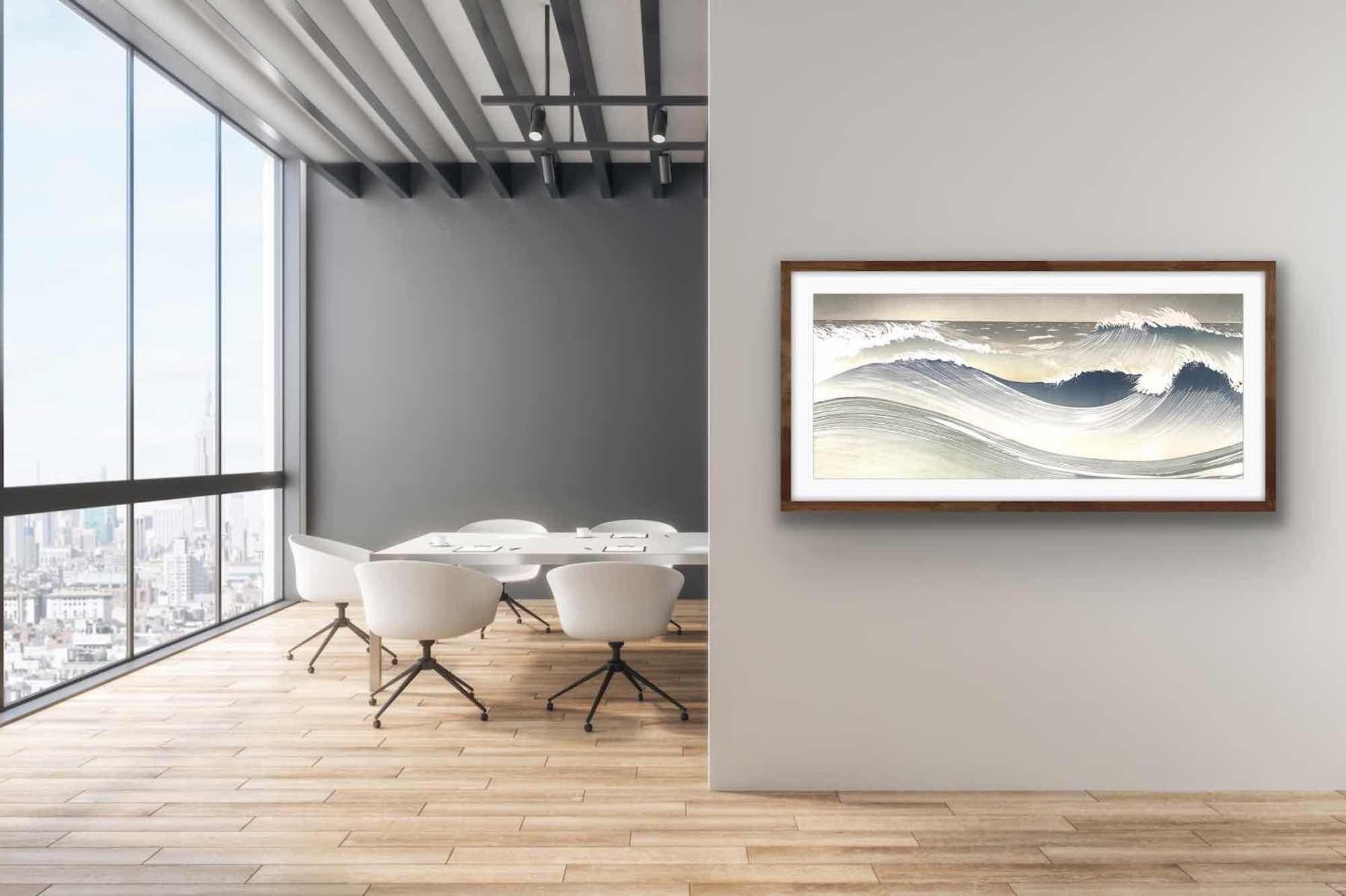 Tide Race by Artist Rod Nelson is a limited edition print. The scene captures the violently beautiful way in which waves crash.
Rod Nelson is a printmaker whose works are available online and in our gallery at Wychwood Art. Rod Nelson had worked for