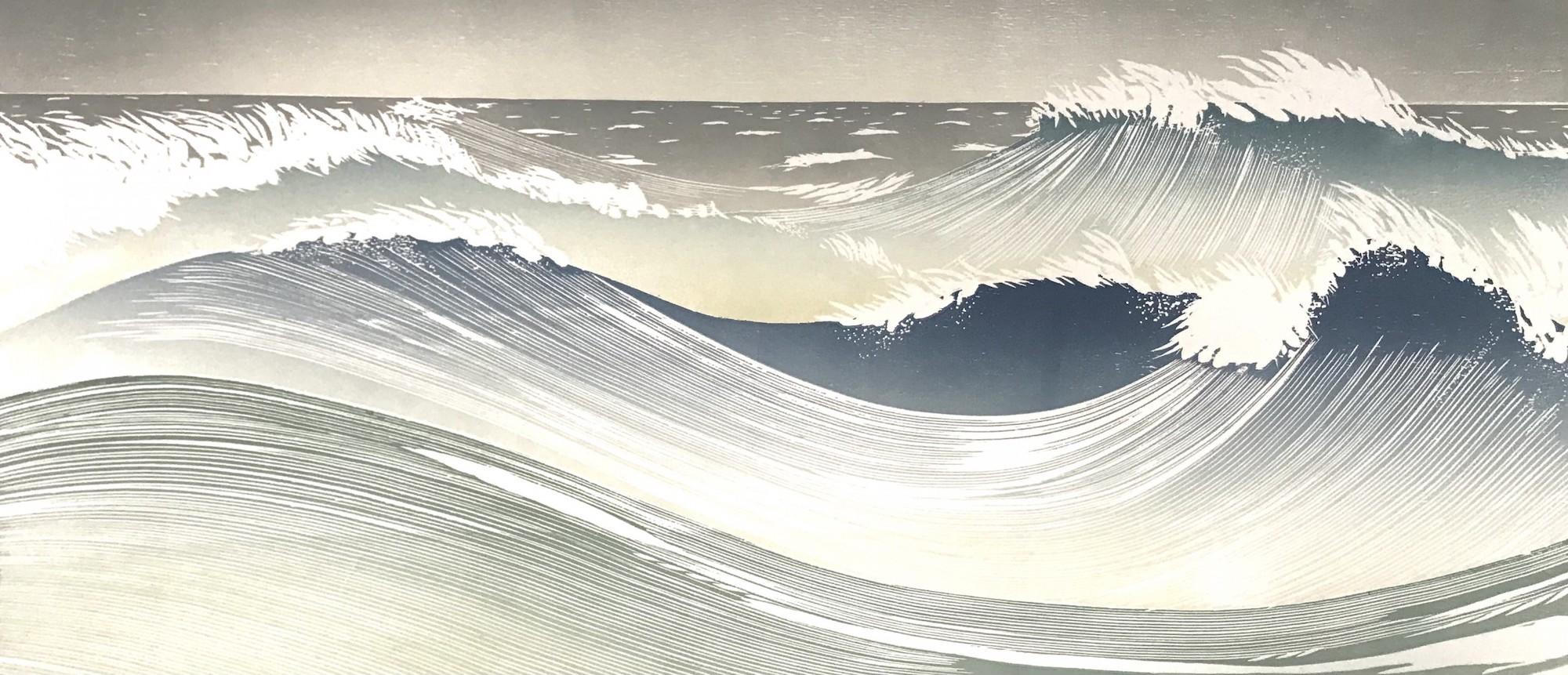 Rod Nelson  Landscape Print – Tide Race, japanische Holzschnittkunst, Meereskunst, Kunst für Ihr Strandhaus, Küstenkunst