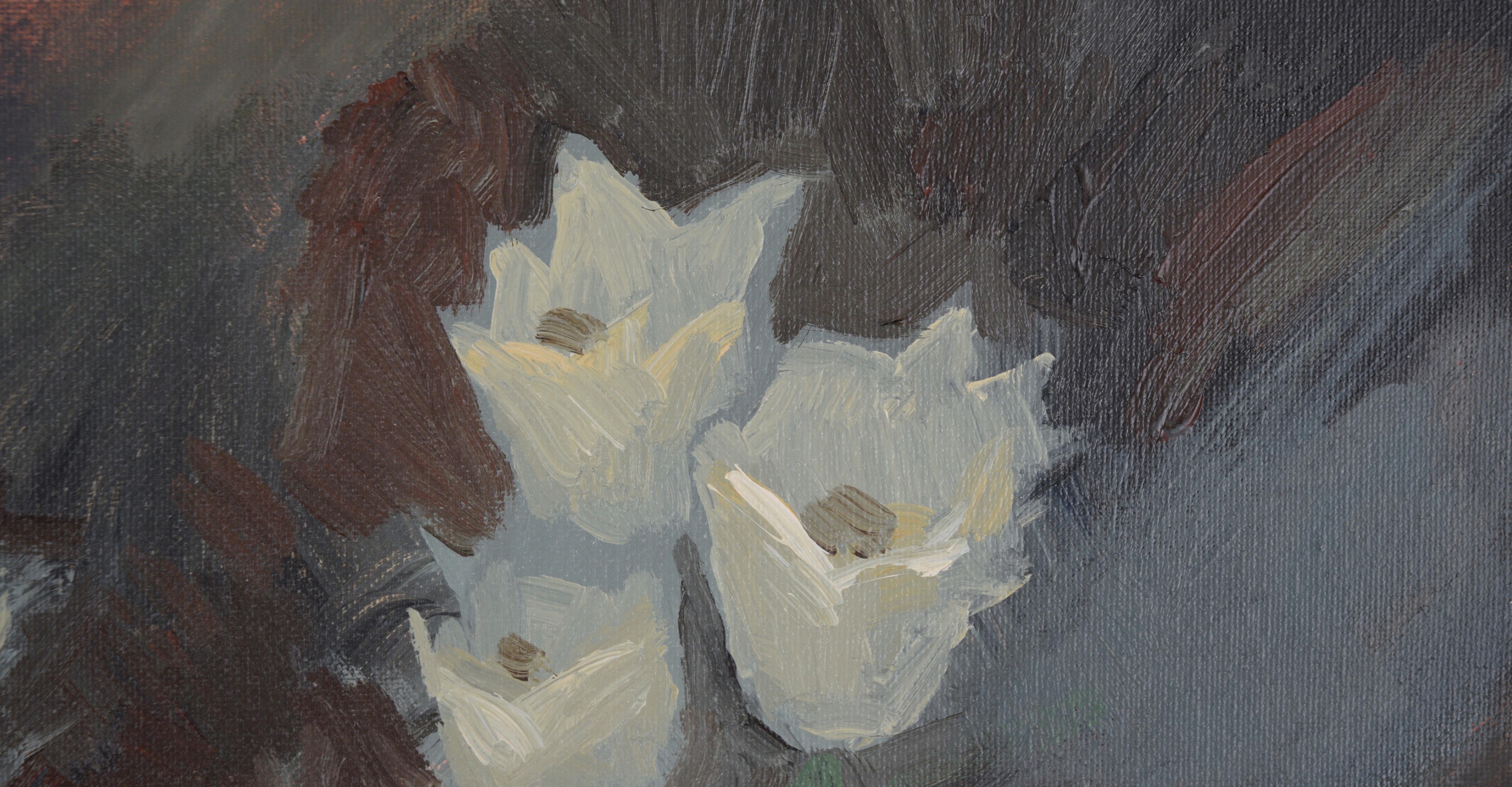 White Tulips at Night in Oil on Canvas - Contemporary Painting by Rod Norman