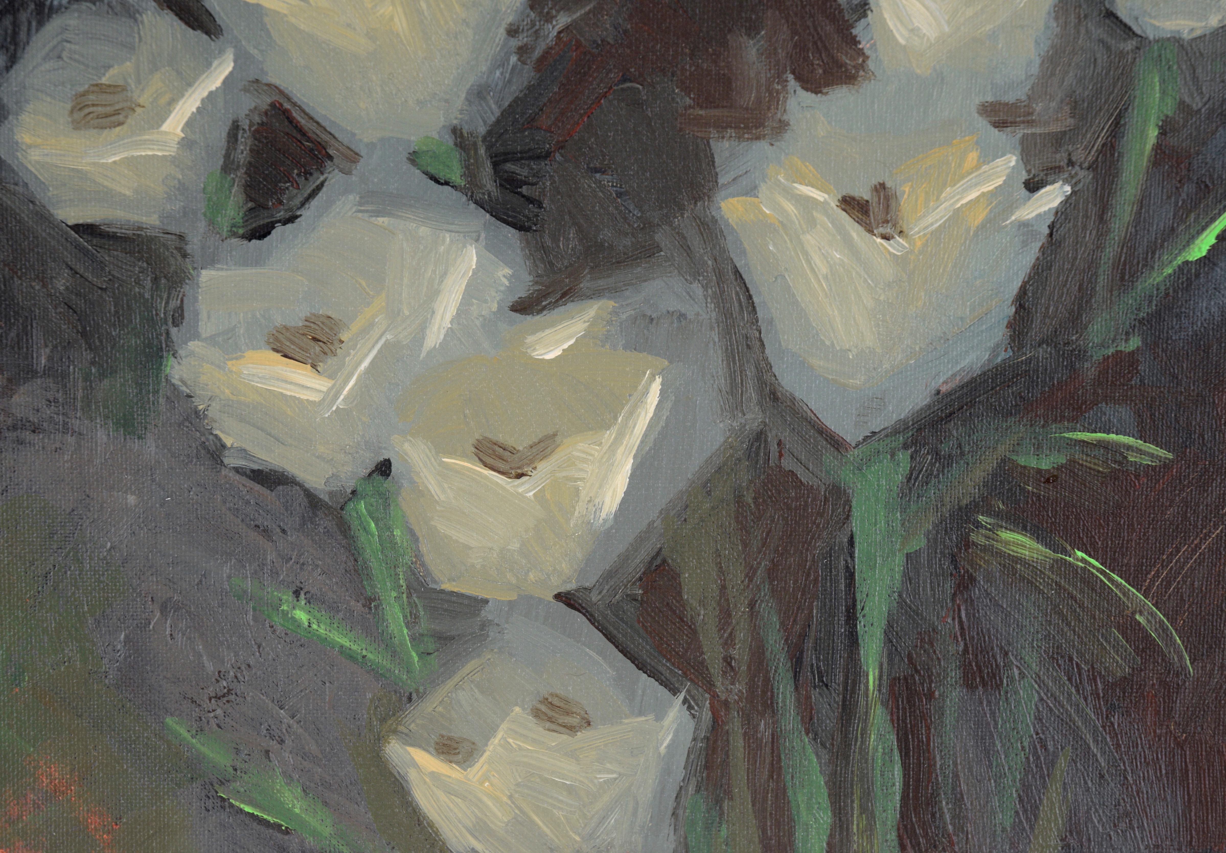 White Tulips at Night in Oil on Canvas

Dramatic floral painting by Rod Norman (American, b. 1947). Several white tulips are shown against a dark background. The flowers are somewhat abstracted, but still have layers of depth and highlights. The