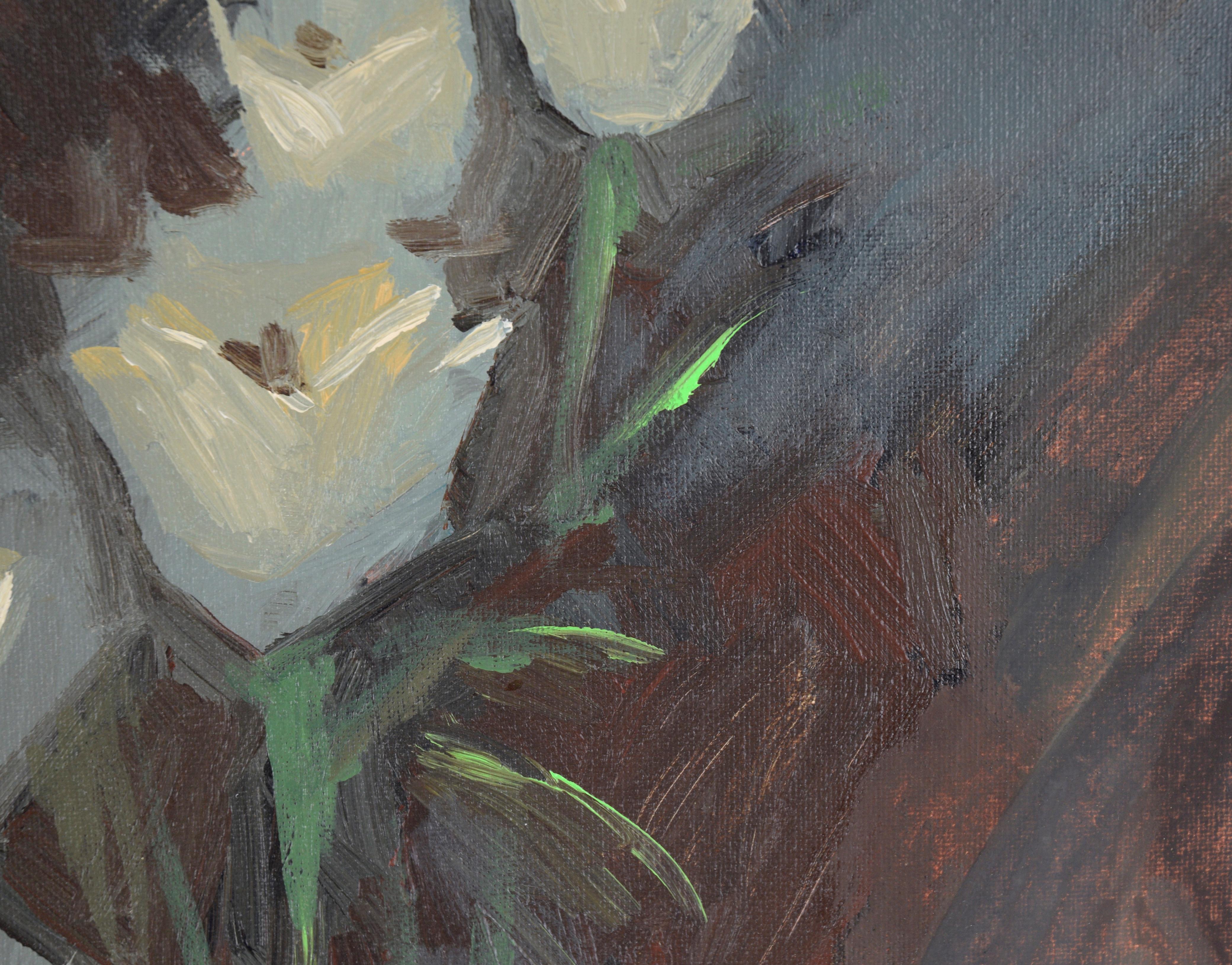 White Tulips at Night in Oil on Canvas For Sale 1