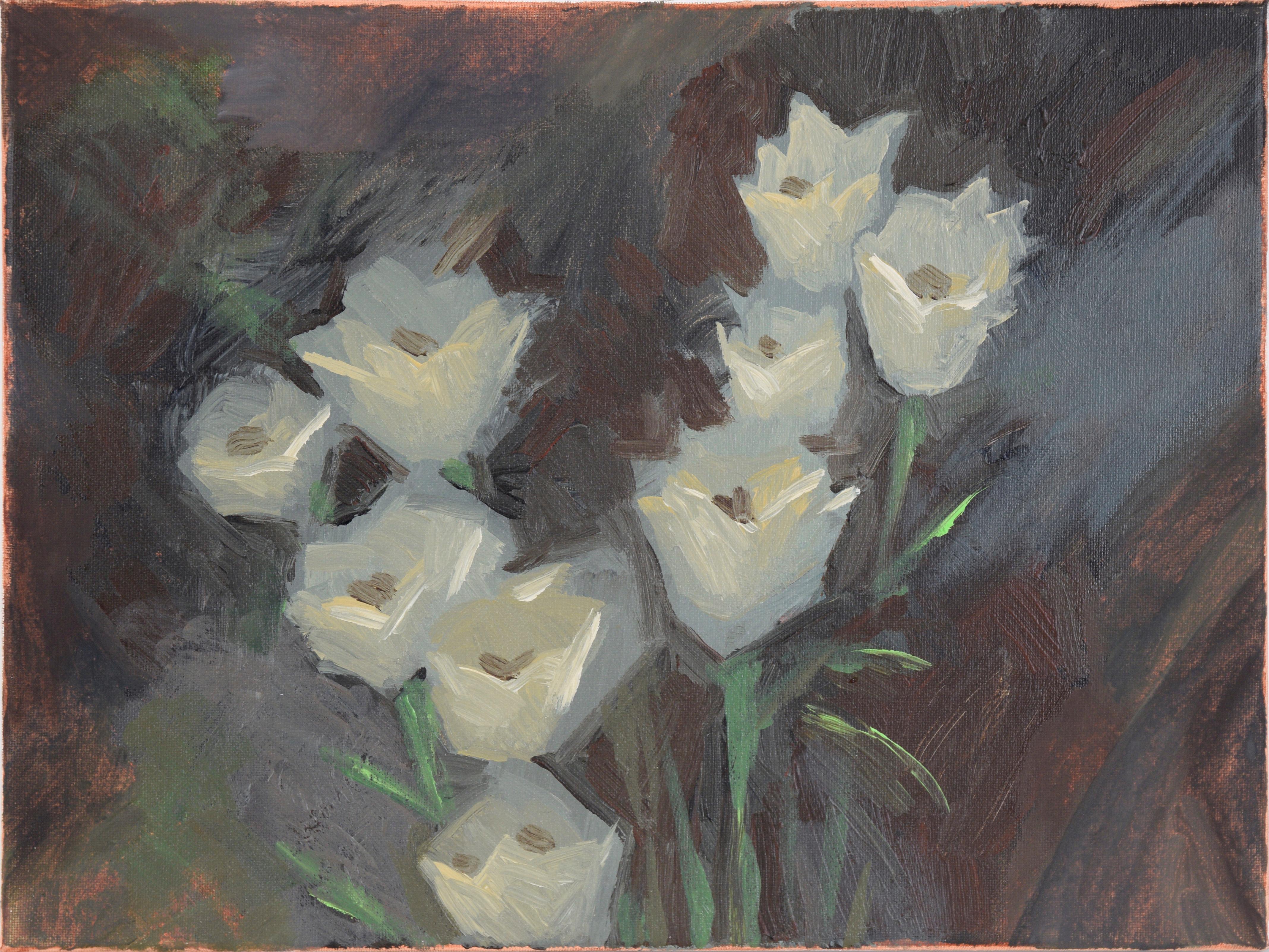 Rod Norman Abstract Painting - White Tulips at Night in Oil on Canvas