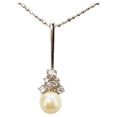 Rod Pendant "JDK" 585 White Gold, Pearl, 0.26 Ct Brilliant-Cut Diamonds