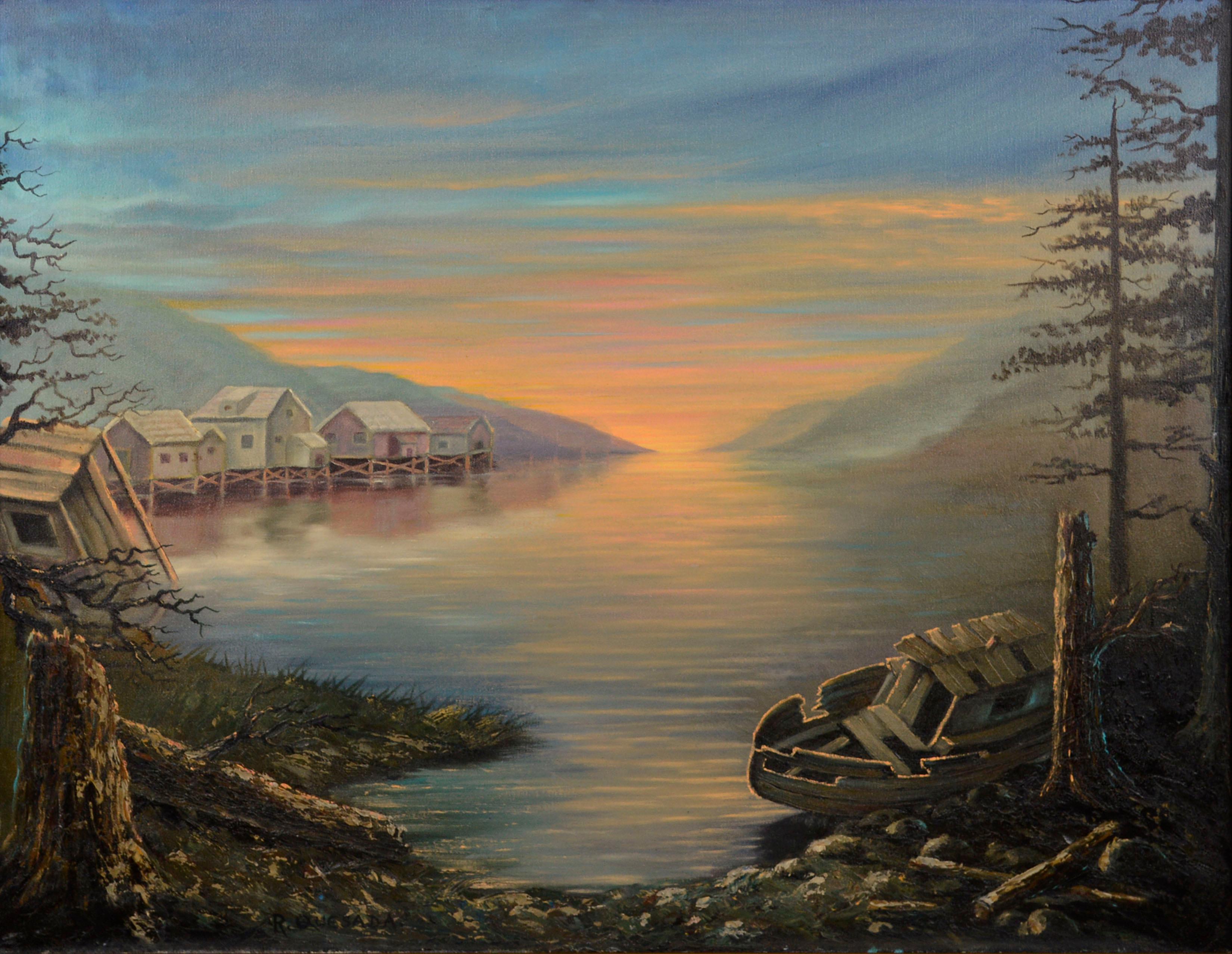 Paysage de coucher de soleil du milieu du siècle sur le paysage de l'île - Painting de Rod Quesada