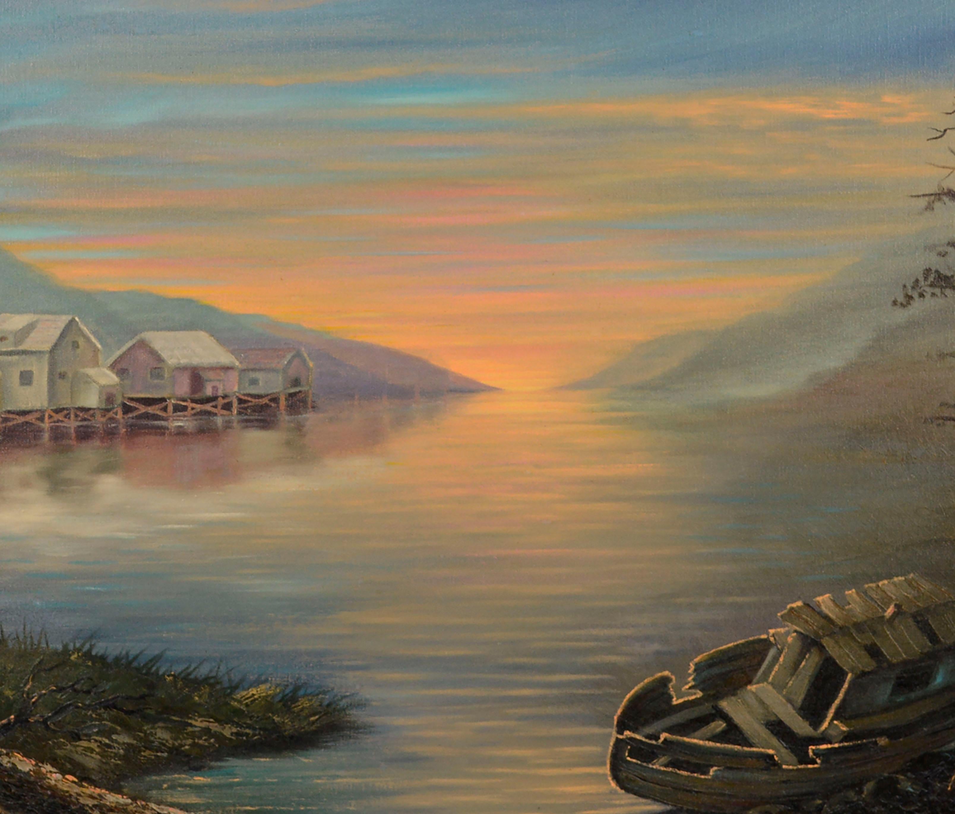 Paysage de coucher de soleil du milieu du siècle sur le paysage de l'île - Impressionnisme américain Painting par Rod Quesada