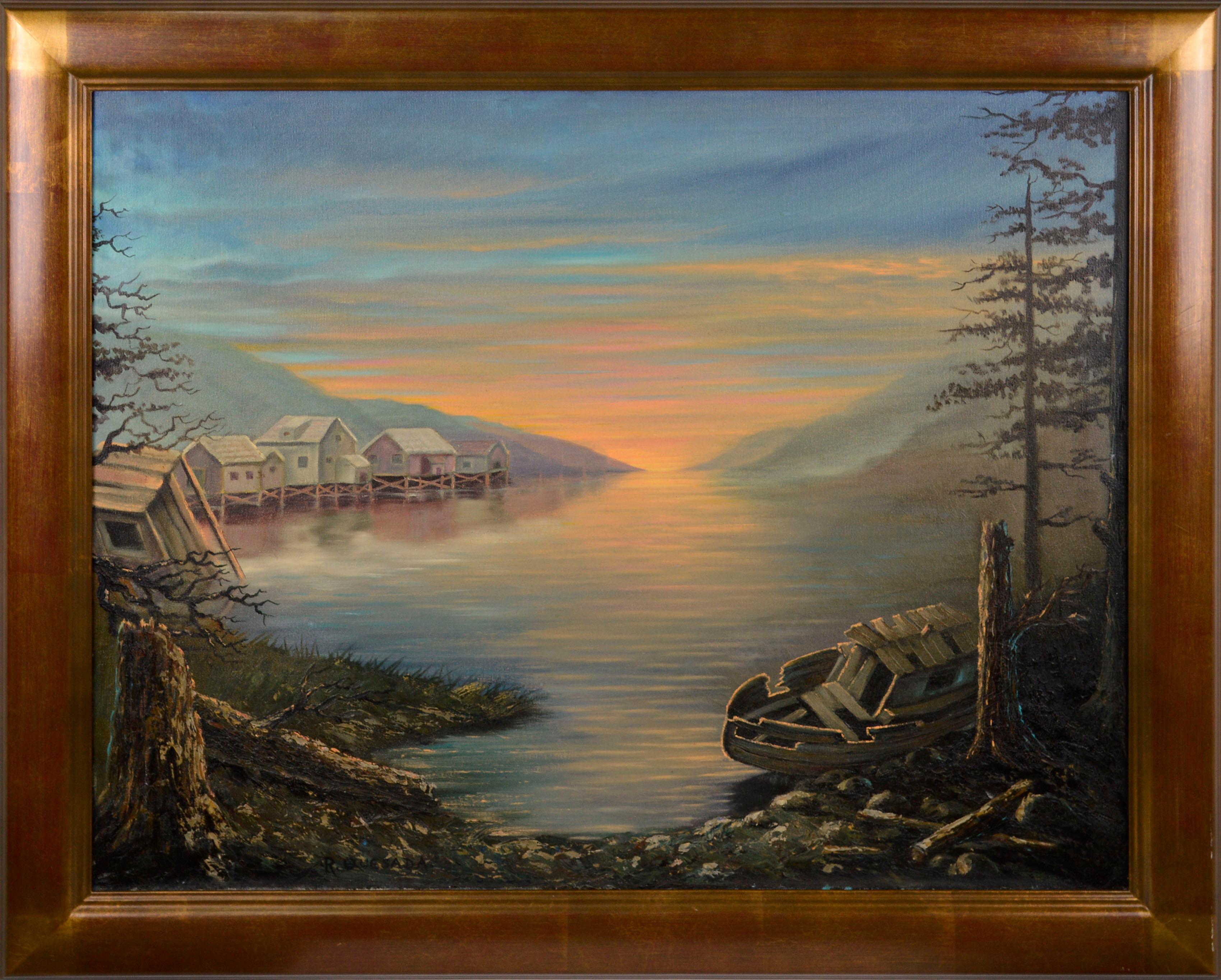 Landscape Painting Rod Quesada - Paysage de coucher de soleil du milieu du siècle sur le paysage de l'île