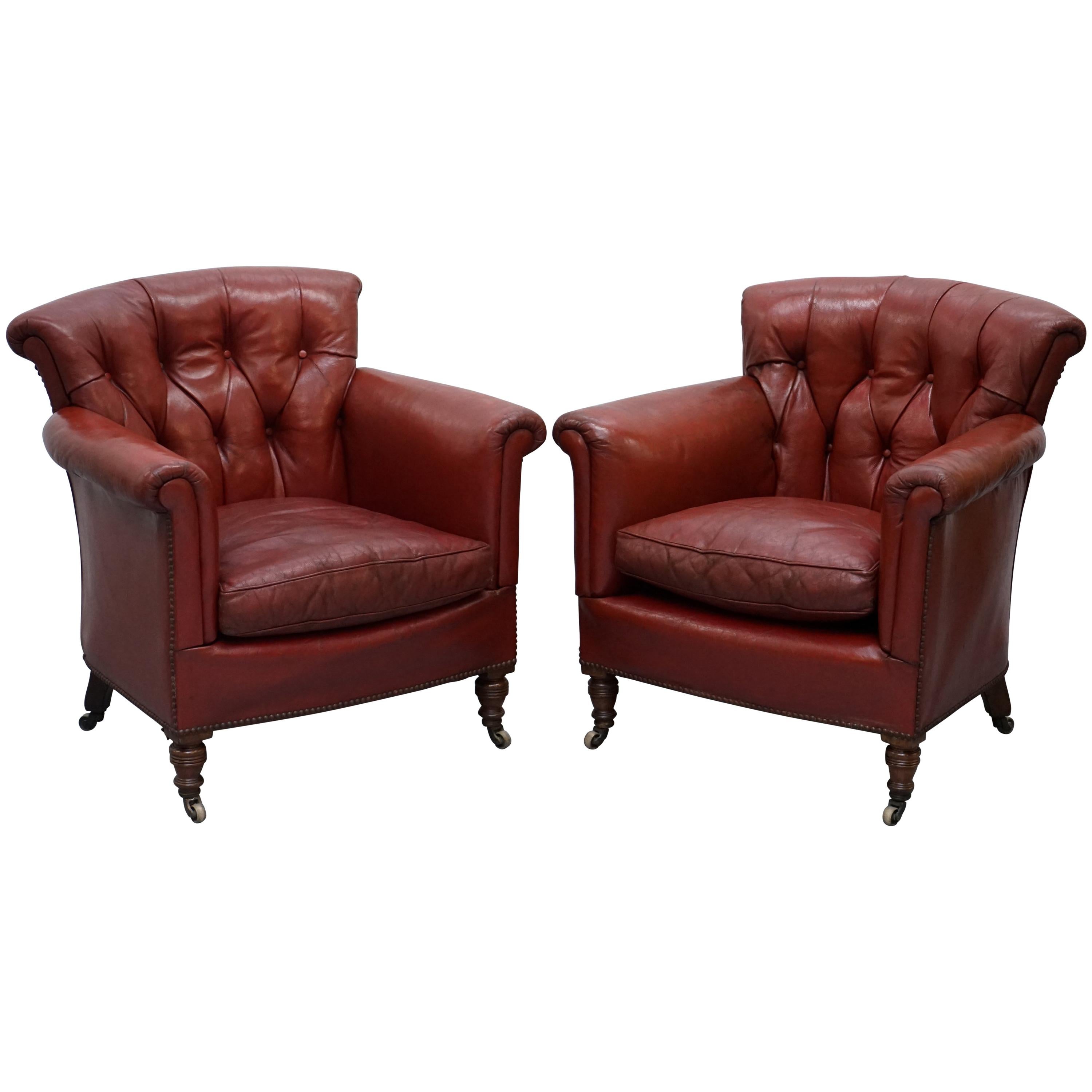 Rod Stewart Essex Home Howard & Son's Victorian Blood Red Leather Armchairs For Sale