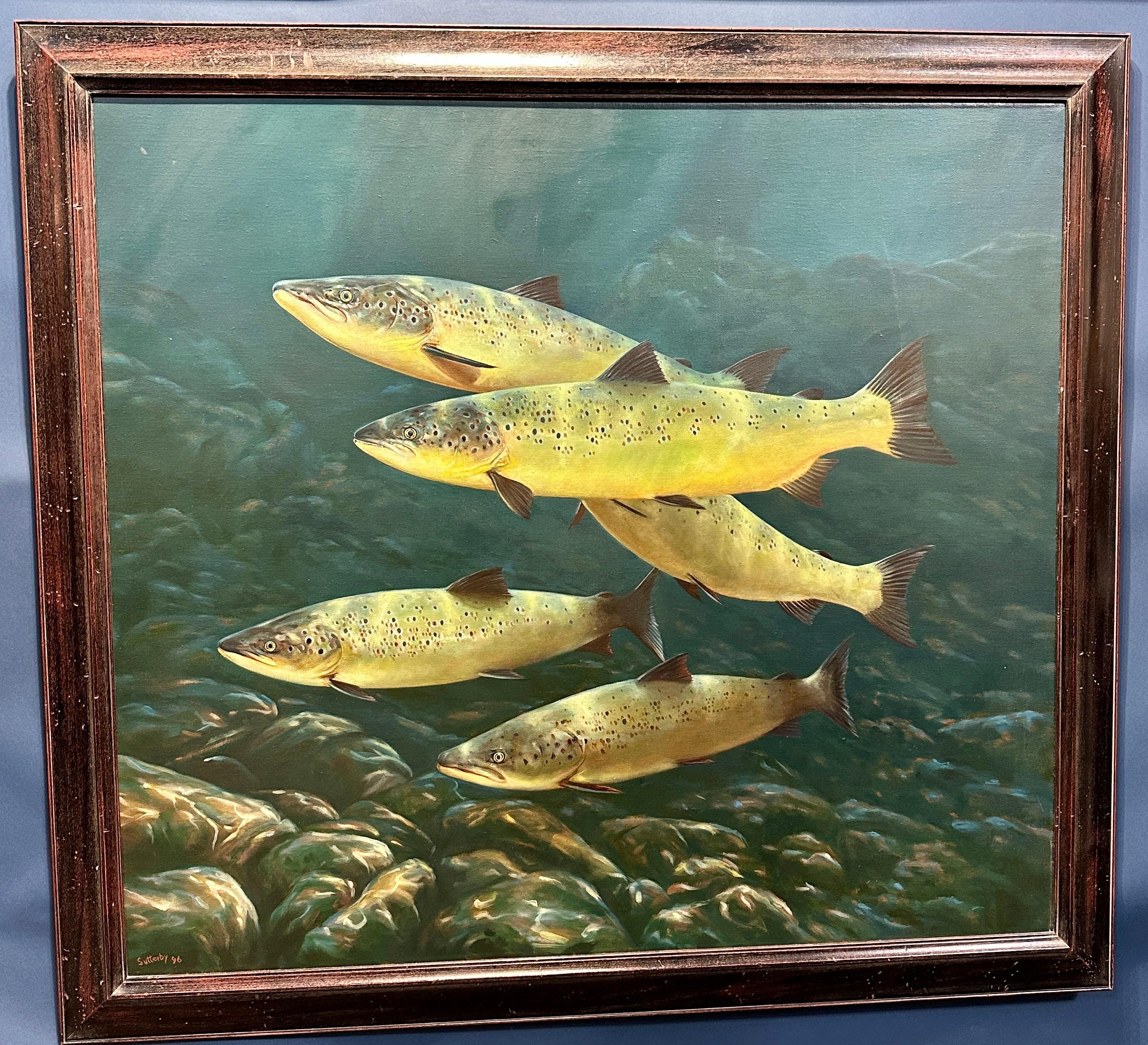 Late 20th English century study of Trout underwater swimming - Painting by Rod Sutterby