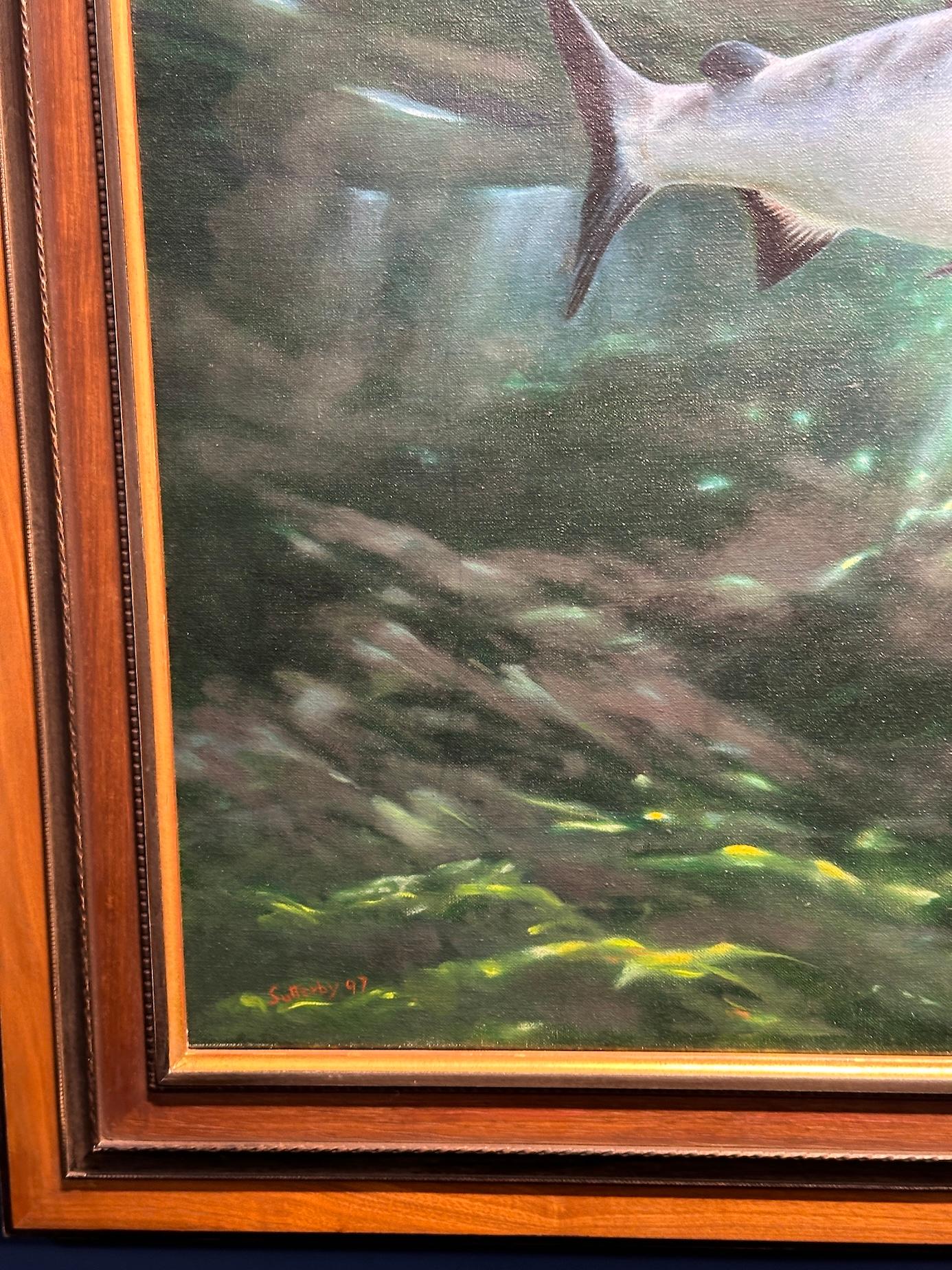 Underwater oil painting of Sun Dappled Trout swimming - Realist Painting by Rod Sutterby