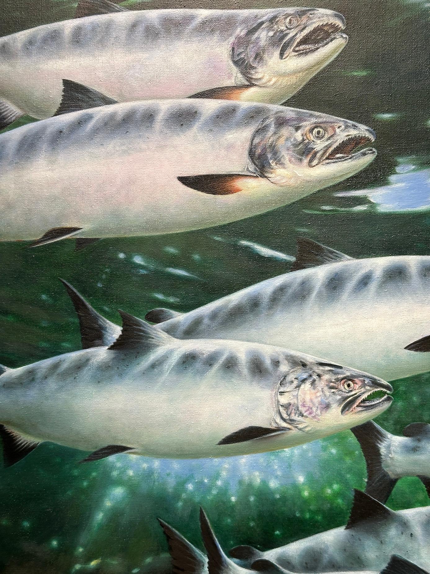 Underwater oil painting of Sun Dappled Trout swimming - Brown Animal Painting by Rod Sutterby