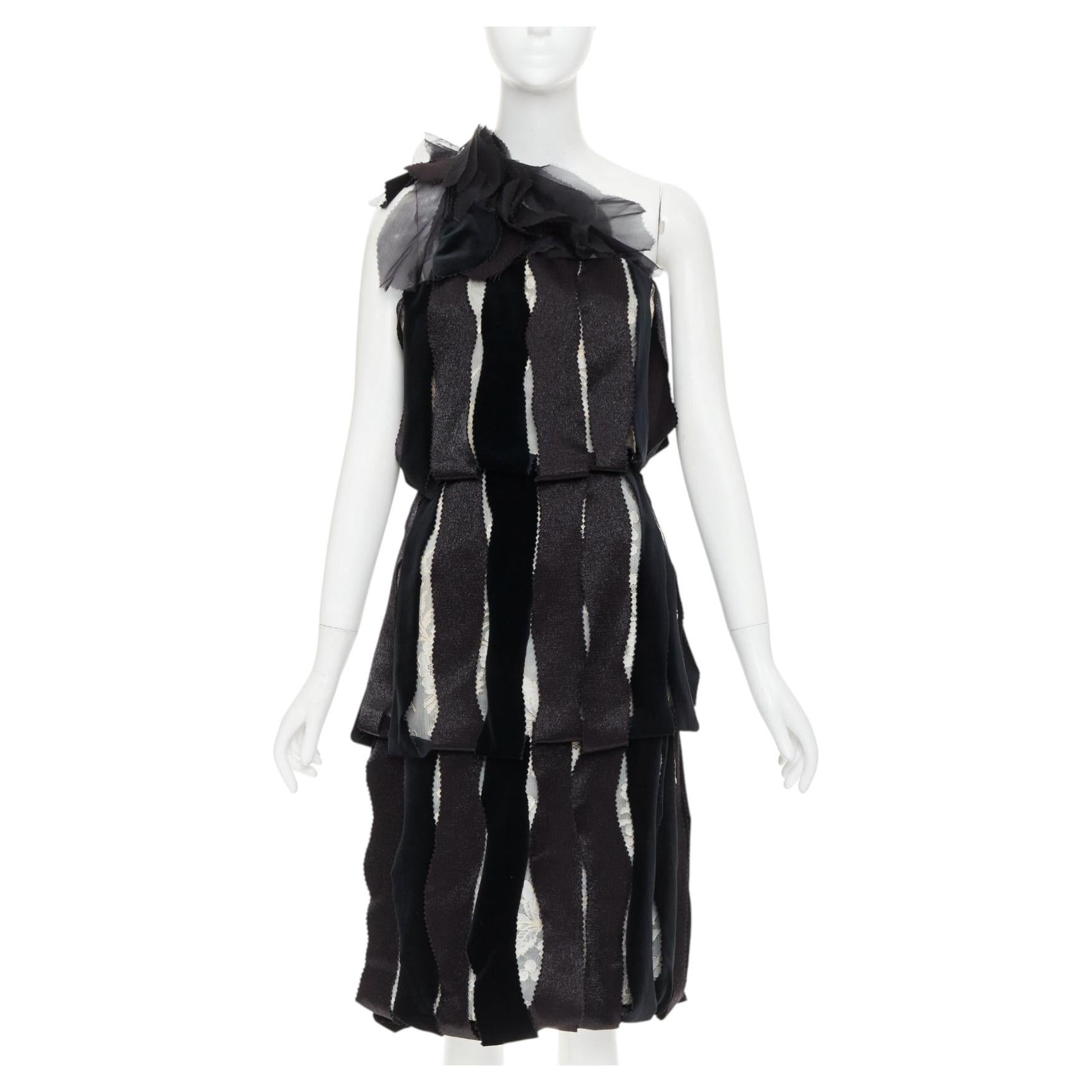 Pre-owned Rodarte 2007 Vintage Velvet Ribbon Lace Layered One Shoulder Midi Dress Uk8 S In Black