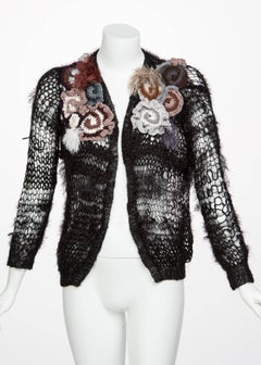 Rodarte 2014 Black Handmade Openknit Wool & Lamè Crochet Flower Sweater