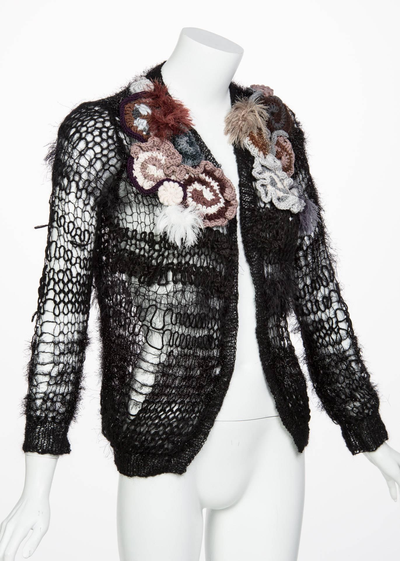 Rodarte 2014 Black Handmade Openknit Wool & Lamè Crochet Flower Sweater In Excellent Condition For Sale In Boca Raton, FL