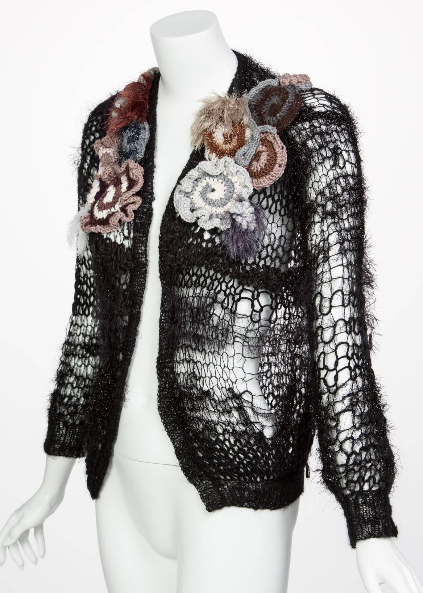 Women's Rodarte 2014 Black Handmade Openknit Wool & Lamè Crochet Flower Sweater For Sale