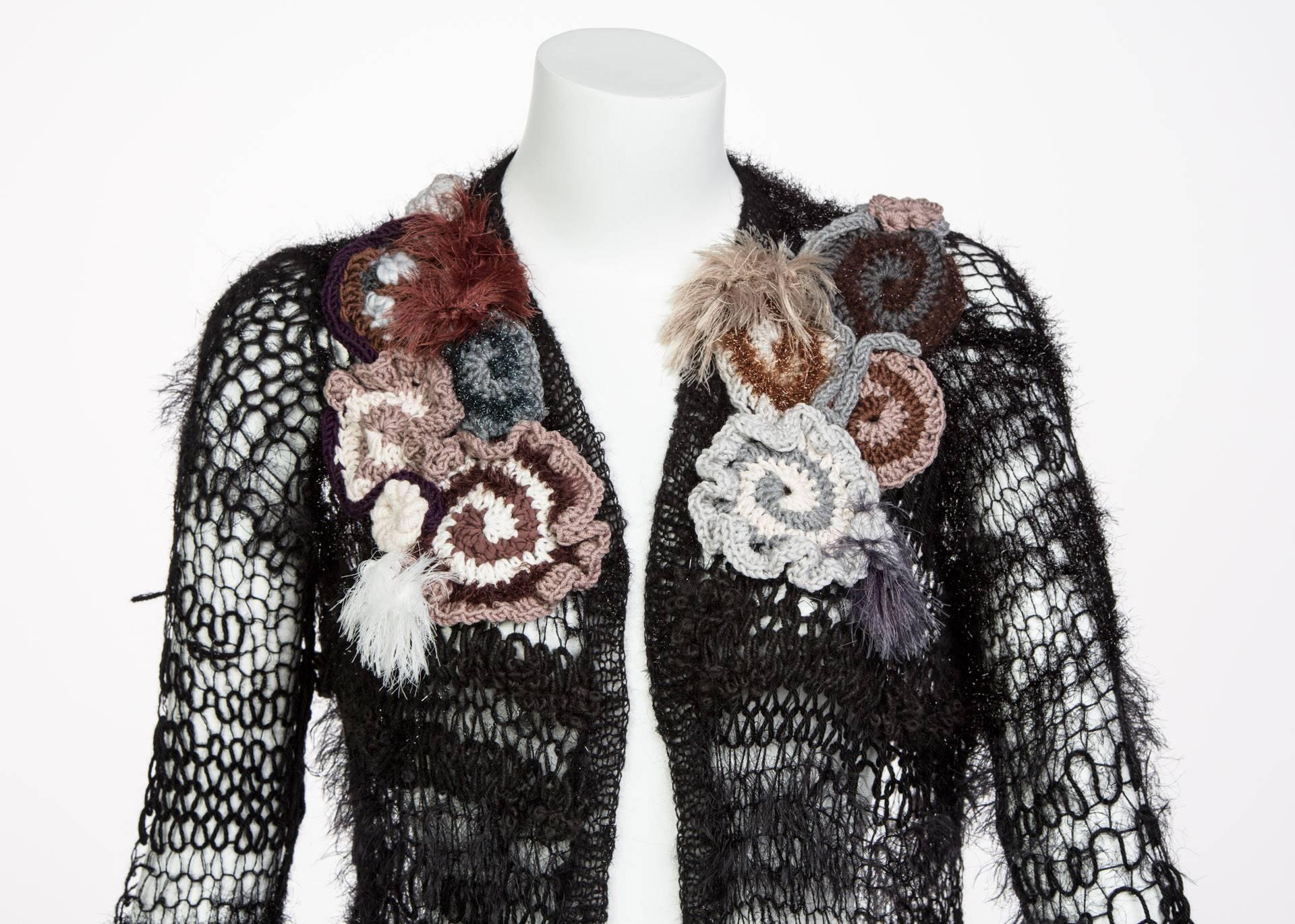 Rodarte 2014 Black Handmade Openknit Wool & Lamè Crochet Flower Sweater For Sale 2
