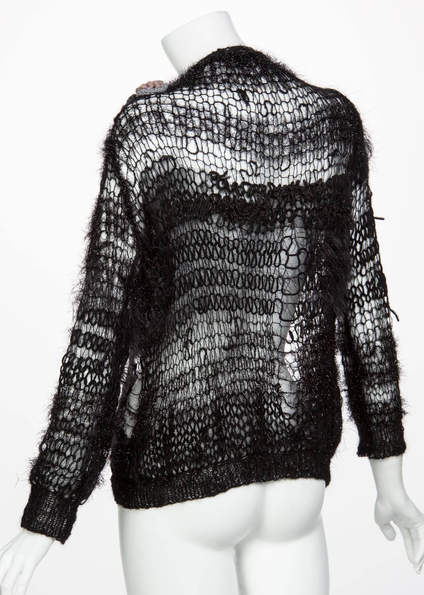 Rodarte 2014 Black Handmade Openknit Wool & Lamè Crochet Flower Sweater For Sale 3
