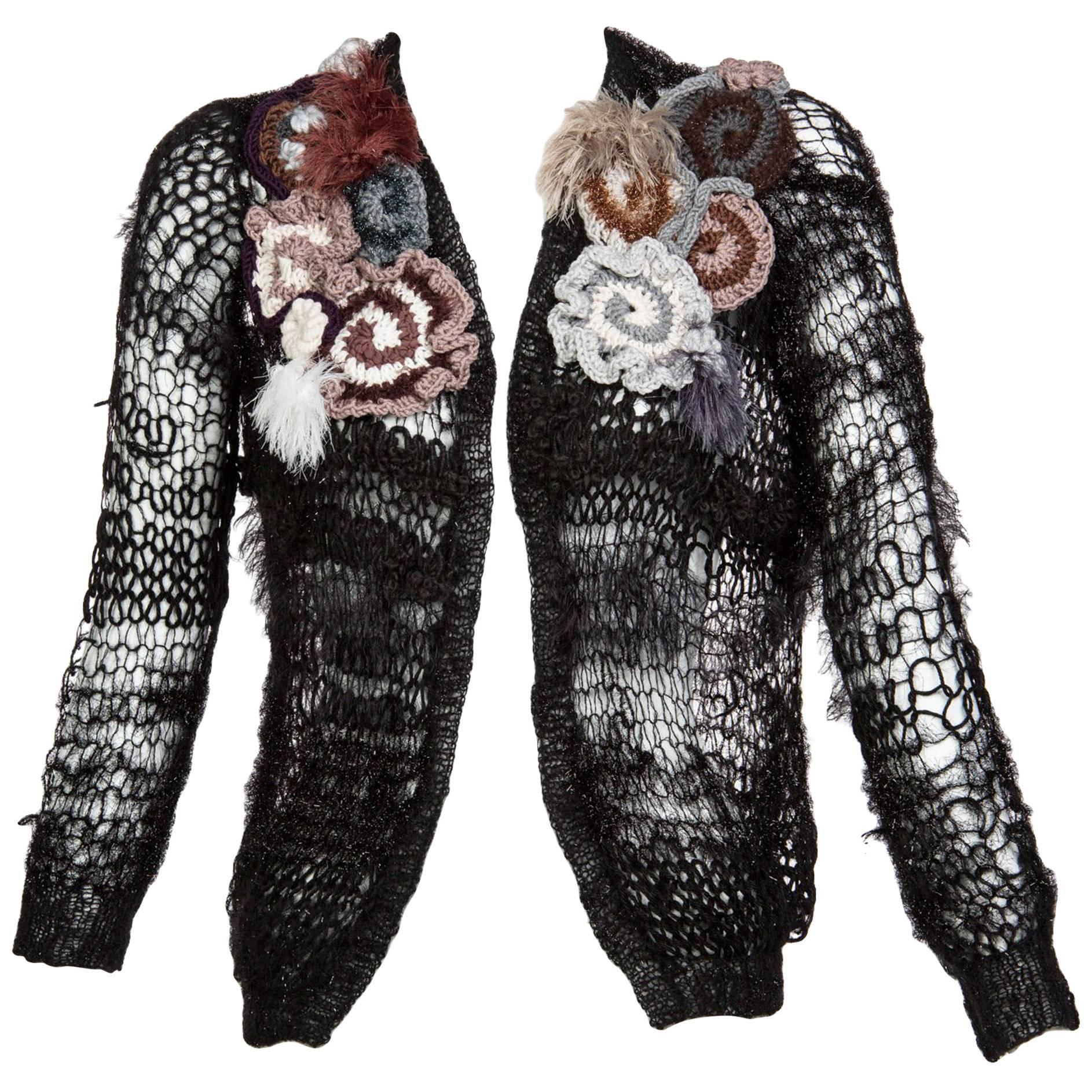 Rodarte 2014 Black Handmade Openknit Wool & Lamè Crochet Flower Sweater For Sale