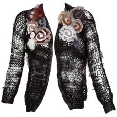 Rodarte 2014 Black Handmade Openknit Wool & Lamè Crochet Flower Sweater