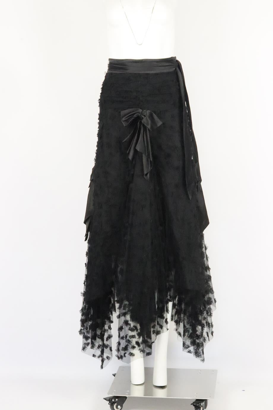 Rodarte bow detailed tulle maxi skirt. Black. Zip fastening at back. 60% Polyamide, 20% nylon, 20% silk; lining 100% silk. Size: Small (UK 8, US 4, FR 36, IT 40). Waist: 25.4 in. Hips: 44 in. Length: 43 in. Bow has come away, needs to be reattached;