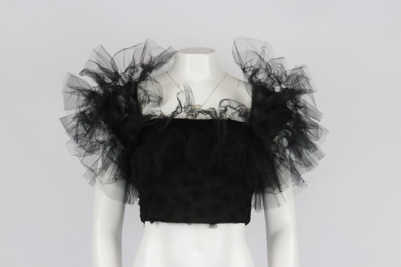 Rodarte cropped bow detailed tulle top. Black. Sleeveless, v-neck. Zip fastening at back. 35% Polyamide, 35% nylon, 30% silk; lining: 100% silk. Size: Medium (UK 10, US 6, FR 38, IT 42). Bust: 30.1 in. Waist: 27.1 in. Length: 9.8 in. New with tags