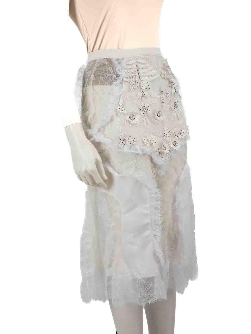 CONDITION is Very good. Hardly any visible wear to the skirt is evident on this used Rodarte designer resale item.
 
 Details
 Ecru
 Wool
 Skirt
 Floral embroidered detail
 See through lace panels
 Midi
 Back zip and hook fastening
 
 
 Made in USA
