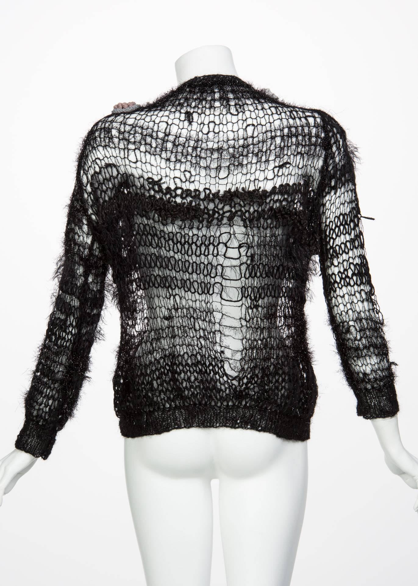 2014 Rodarte Black Handmade Openknit Wool & Lamè Crochet Flower Sweater 1