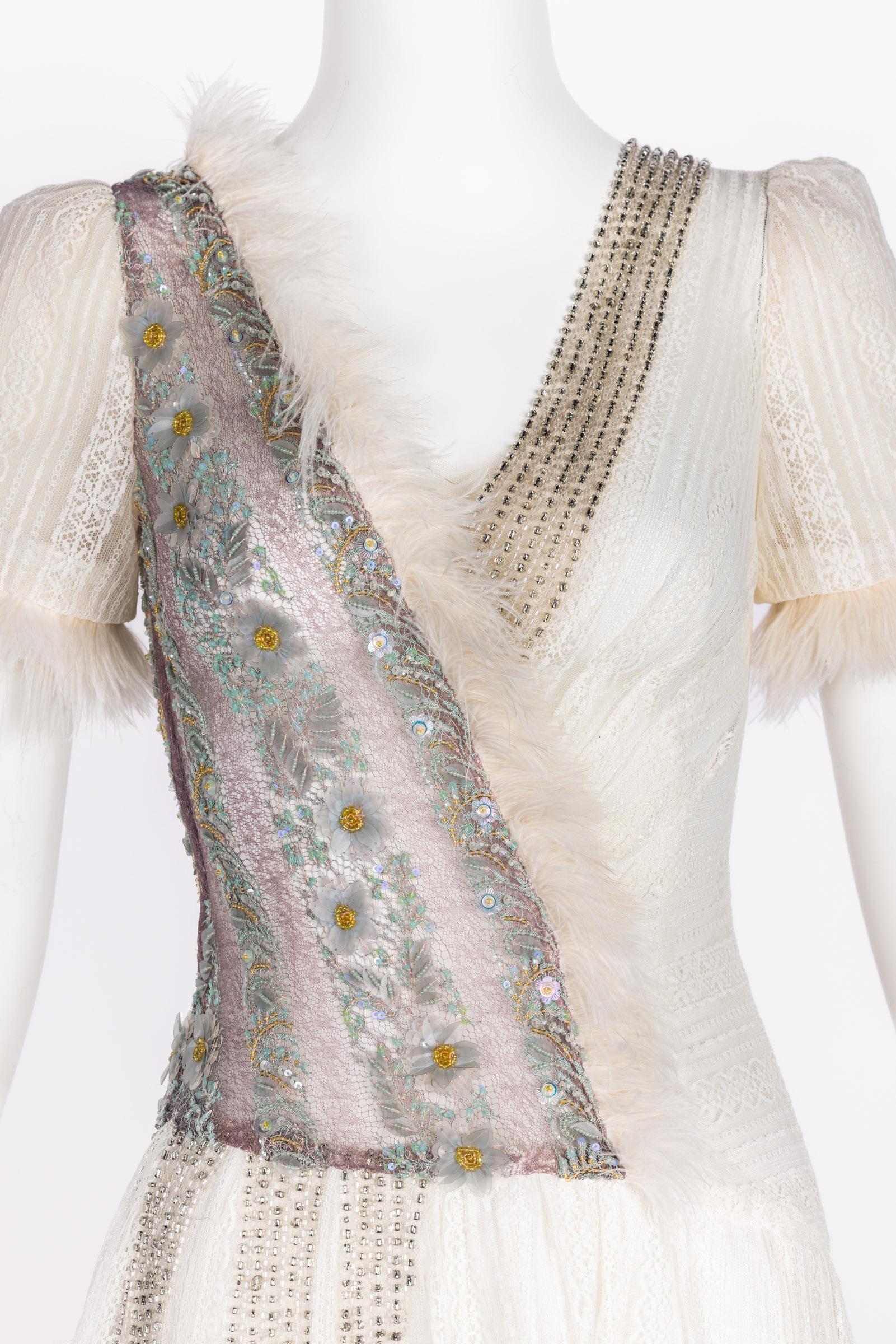 Rodarte Fall 2015 Lace Crystal Embellished Feather Trim Mini Dress For Sale 2