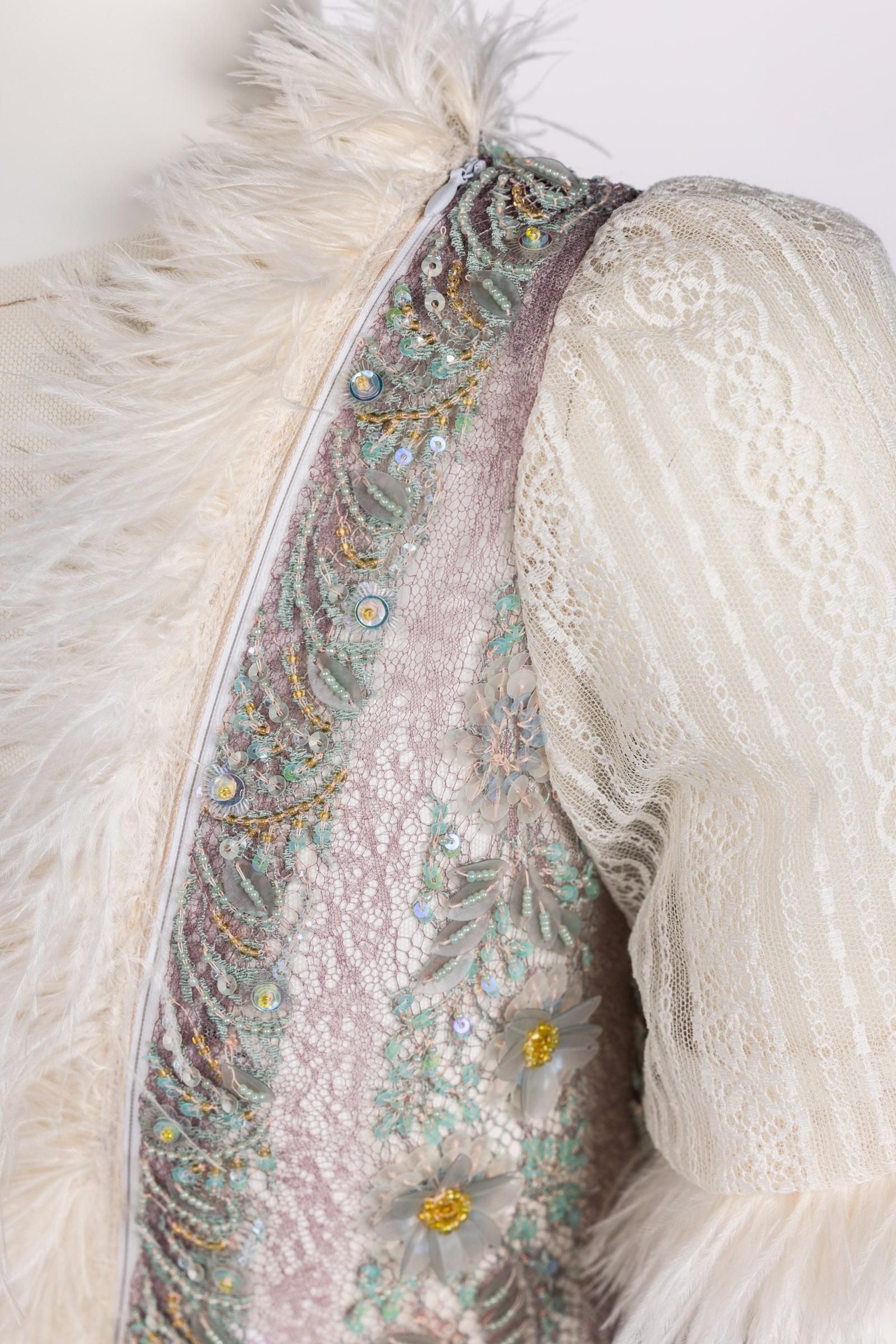 Rodarte Fall 2015 Lace Crystal Embellished Feather Trim Mini Dress For Sale 3