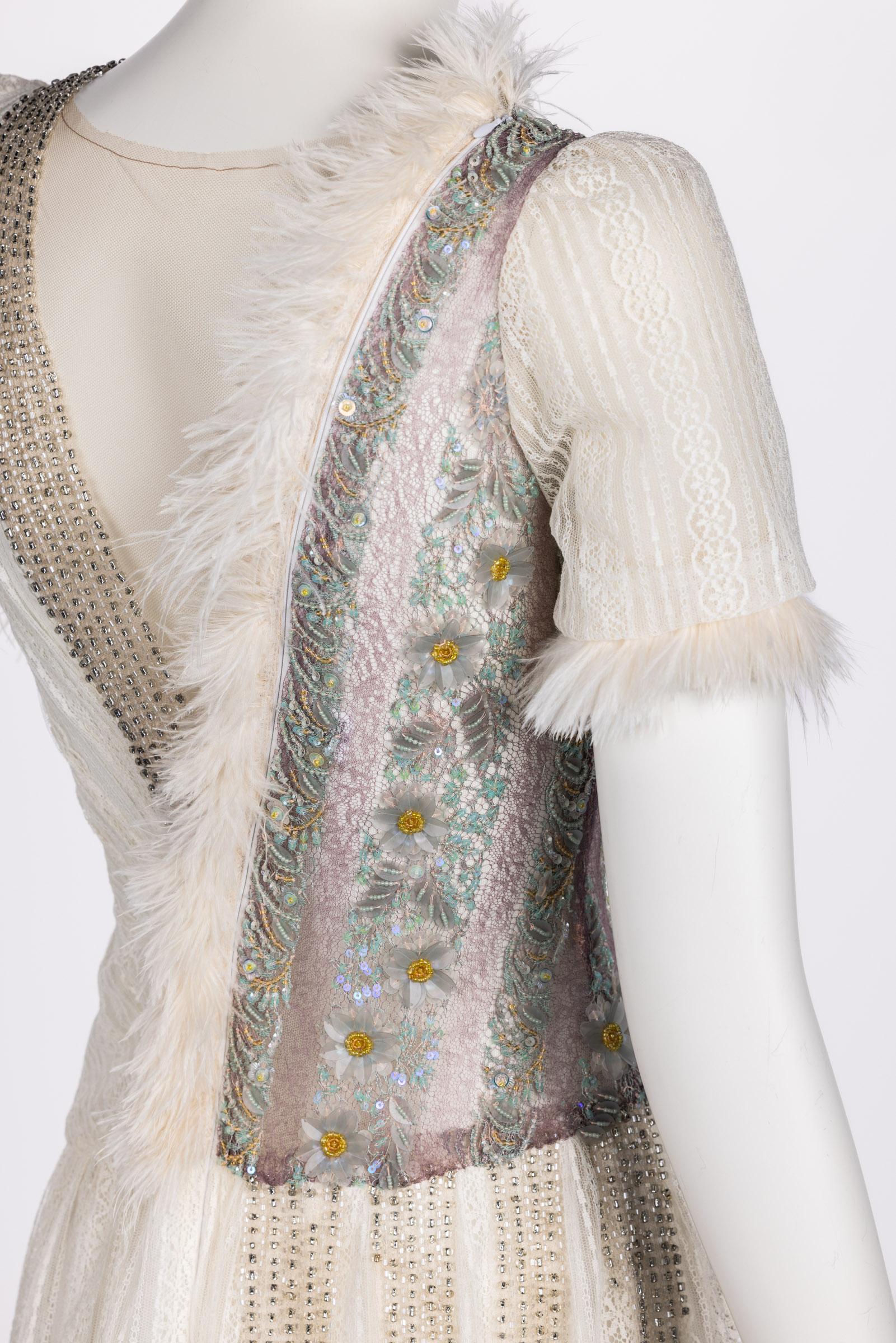 Rodarte Fall 2015 Lace Crystal Embellished Feather Trim Mini Dress For Sale 4