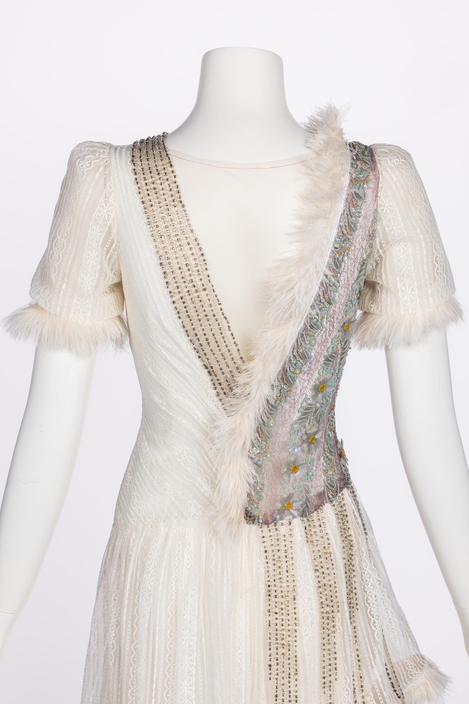 Rodarte Fall 2015 Lace Crystal Embellished Feather Trim Mini Dress For Sale 5