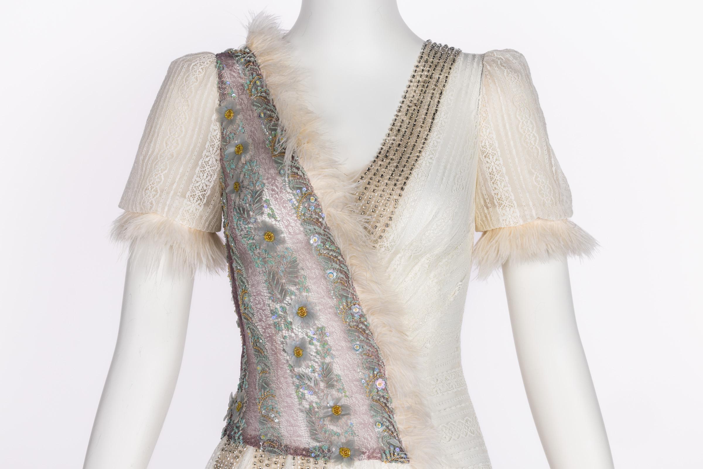 Women's Rodarte Fall 2015 Lace Crystal Embellished Feather Trim Mini Dress For Sale