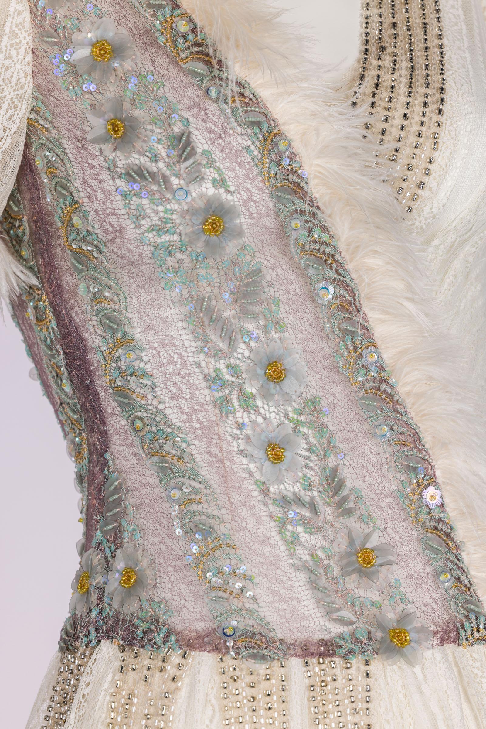 Rodarte Fall 2015 Lace Crystal Embellished Feather Trim Mini Dress For Sale 1