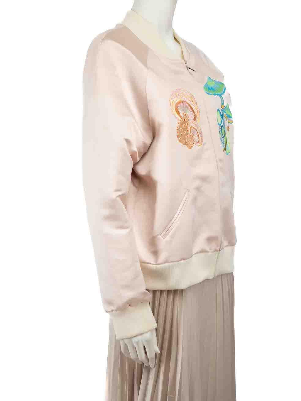 CONDITION is Good. General wear to jacket is evident. Moderate signs of wear to the fabric surface with light discoloured marks seen throughout on this used Rodarte designer resale item.
 
 Details
 Pink
 Silk
 Bomber jacket
 Mushroom embroidery

