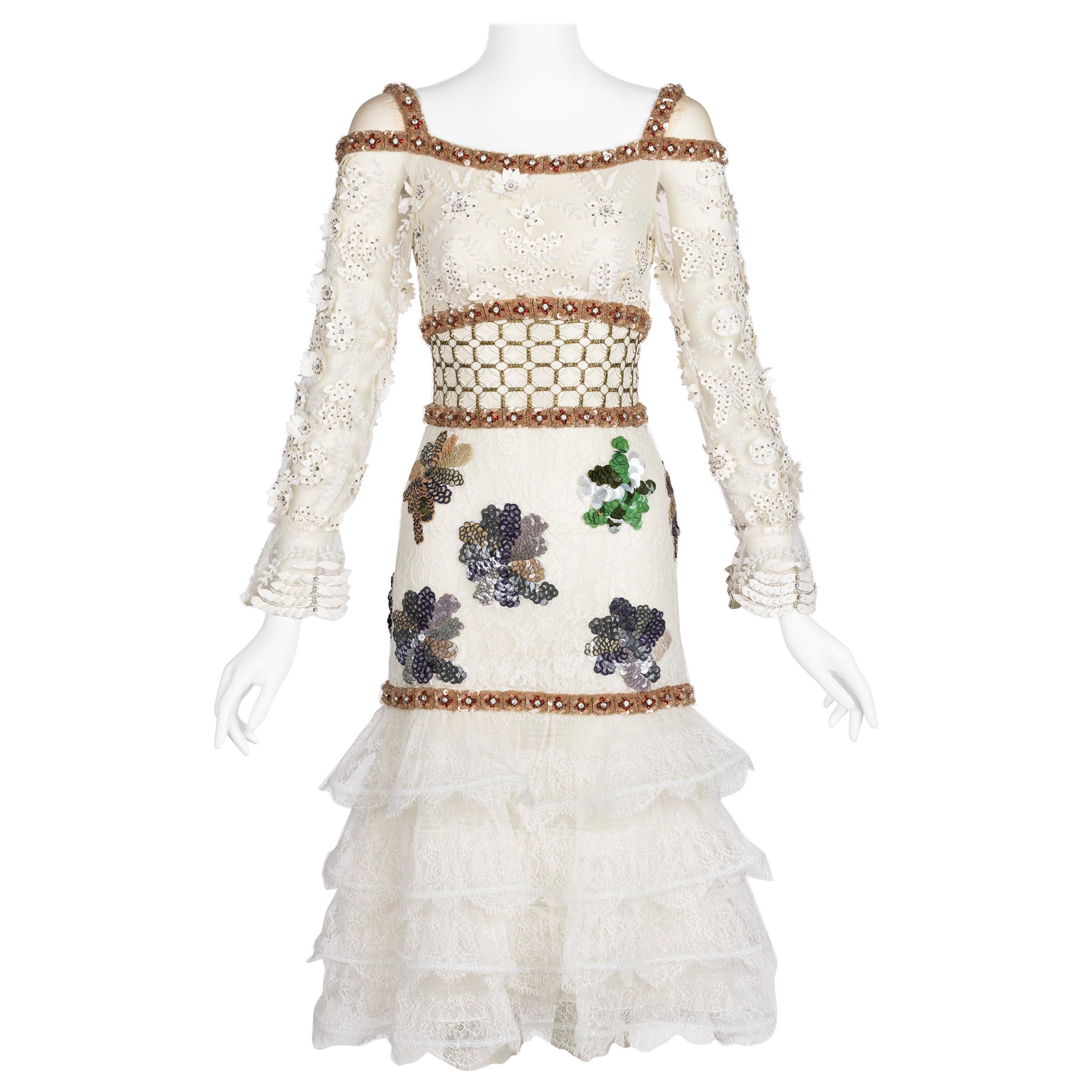 Rodarte Runway Robe à volants en dentelle à paillettes de cristal FW 2016 en vente