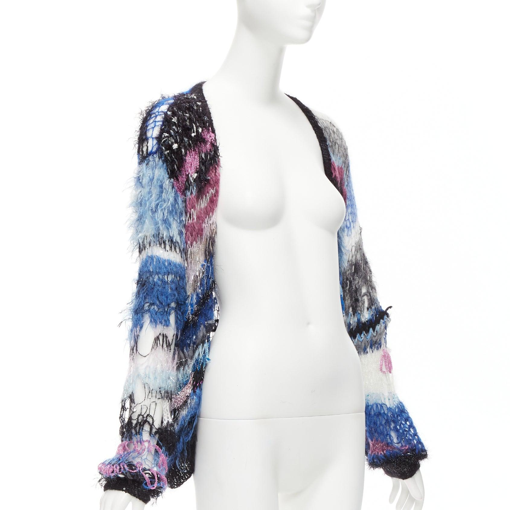 RODARTE Signature blue pink silver lurex open loose knit cardigan sweater In Excellent Condition For Sale In Hong Kong, NT