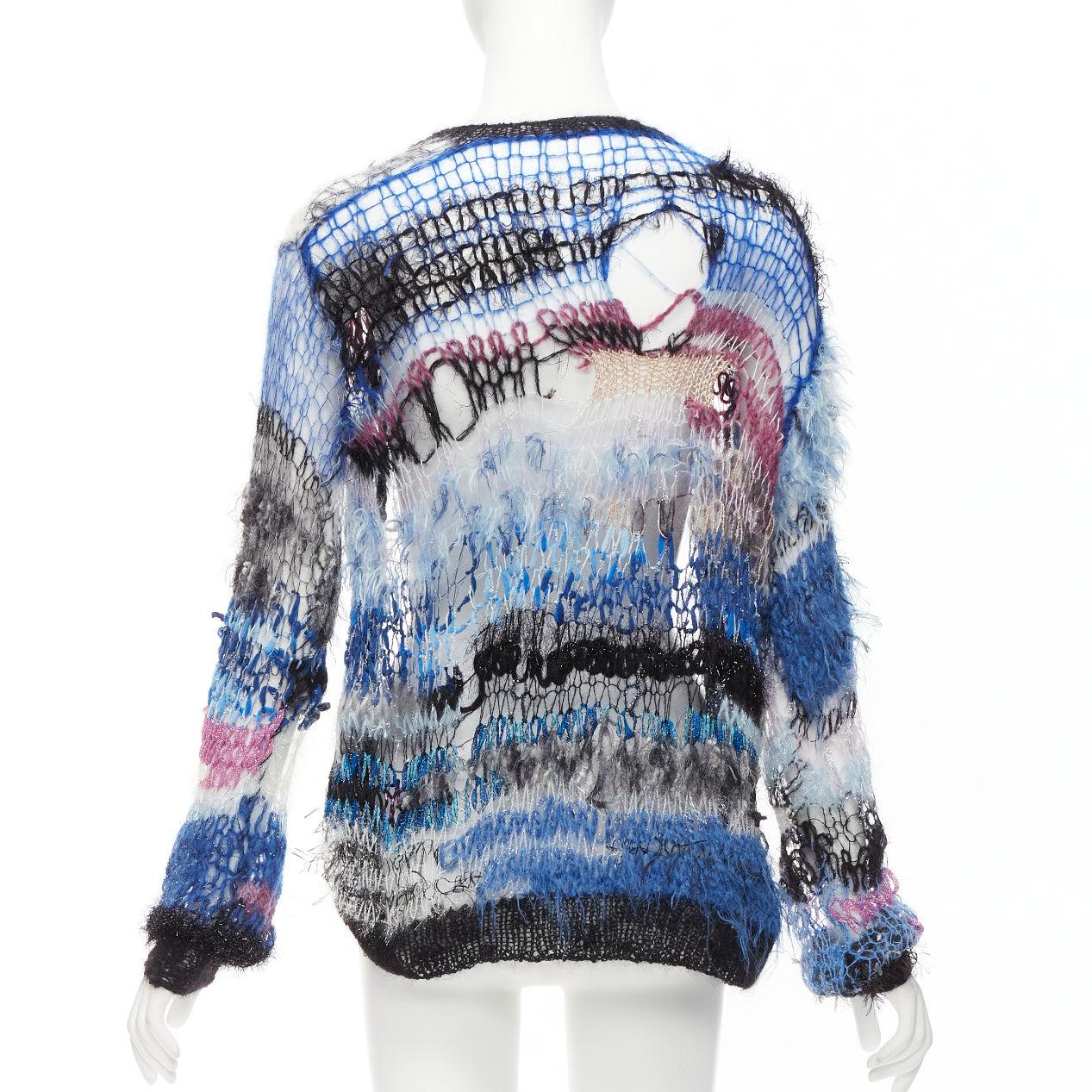 RODARTE Signature blue pink silver lurex open loose knit cardigan sweater For Sale 1