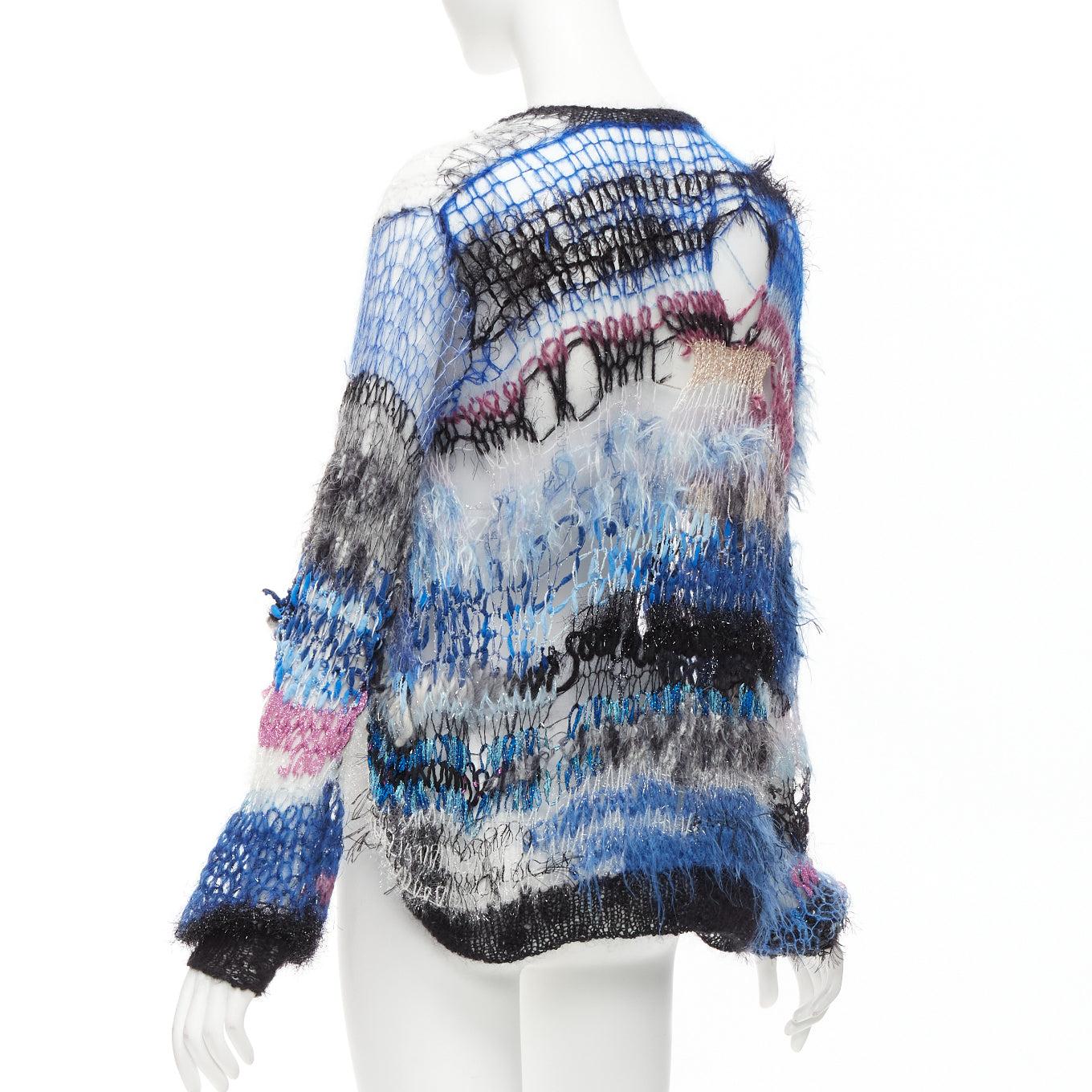 RODARTE Signature blue pink silver lurex open loose knit cardigan sweater For Sale 2