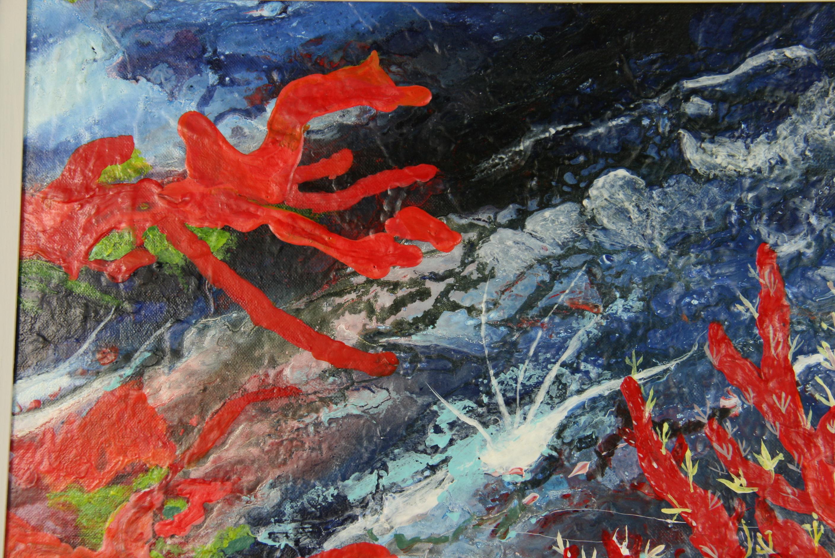 4087 Rote Korallenlandschaft im Meer.
 Gemalt  auf Künstlertafel
In einem handbemalten Vintage-Holzrahmen
Unterschrift Rodat