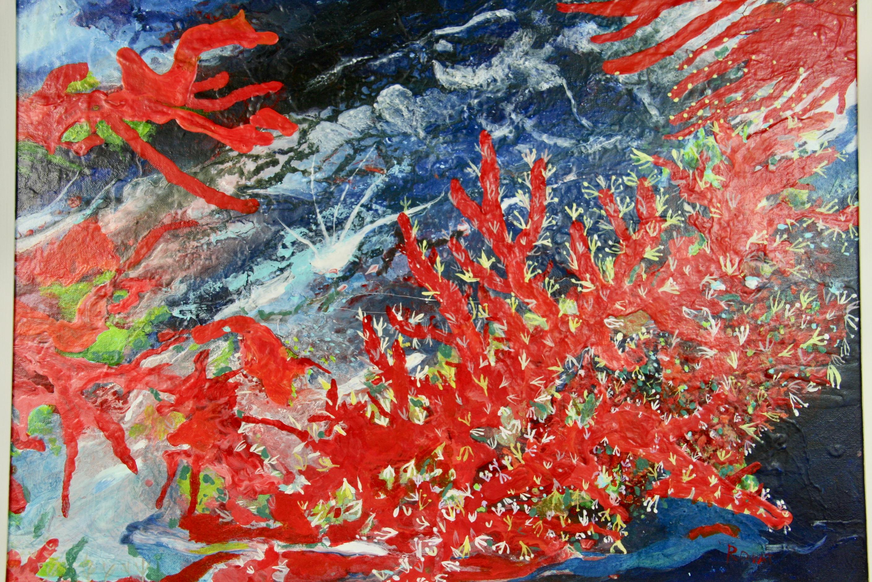 Rodat Landscape Painting – Rote Koralle im tiefblauen Meer