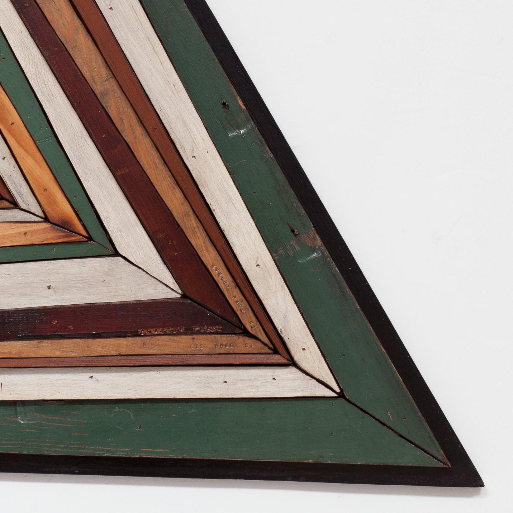 Pyramid Abstraction
Reclaimed wood and pigment on panel, 32 in. x 37 in.

Wildeman's work hangs on the walls of the Rockefeller family private offices, and is sought after by private collectors and commercial venues internationally. 
Wildeman is the