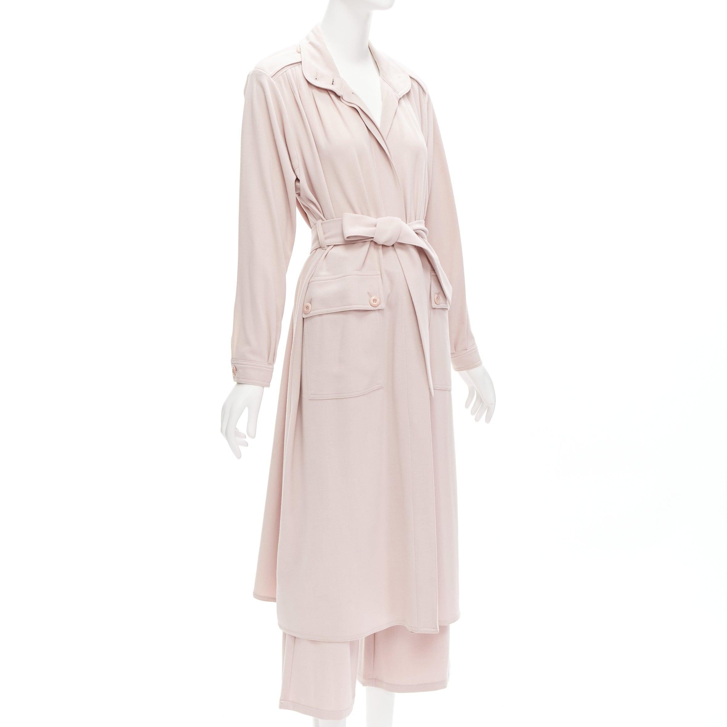 Beige RODEBJER Odessa dusty pink belted long line robe jacket wide pants set XS For Sale