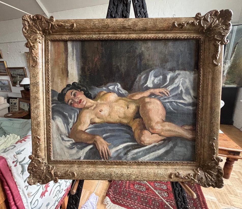 Anhänger von Roderic O'Connor, Weiblicher Akt in einem Interieur, großes Ölgemälde (Braun), Nude Painting, von Roderic O'Conor