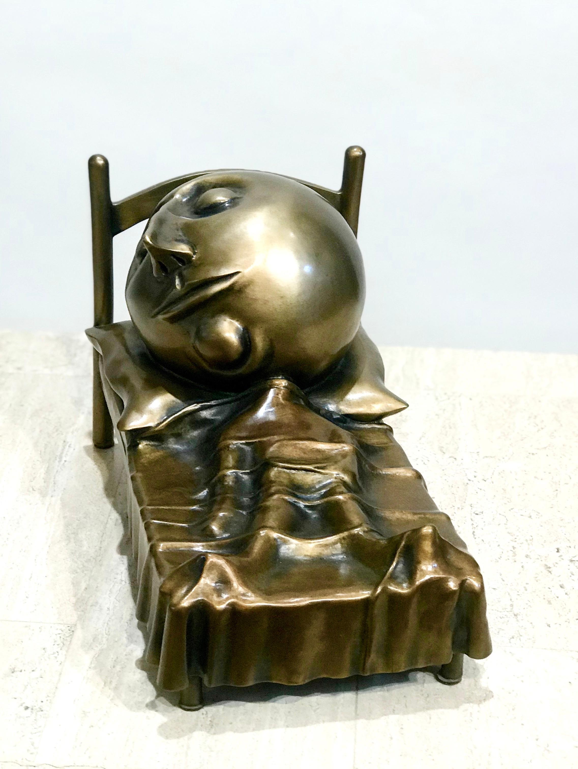 Slumber, Rodger Jacobsen bronze sculpture skinny man sleeping bed with big head For Sale 1